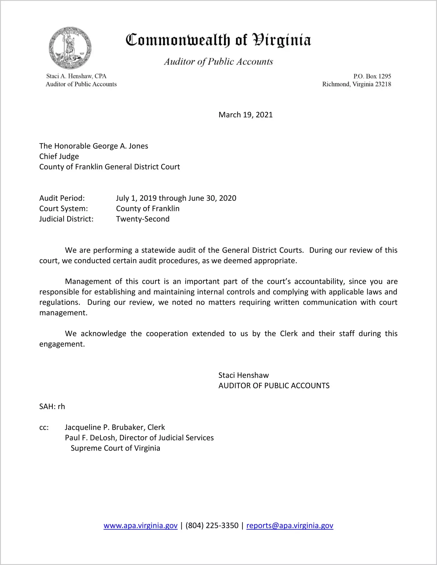 General District Court for the County of Franklin for the period July 1, 2019 through June 30, 2020