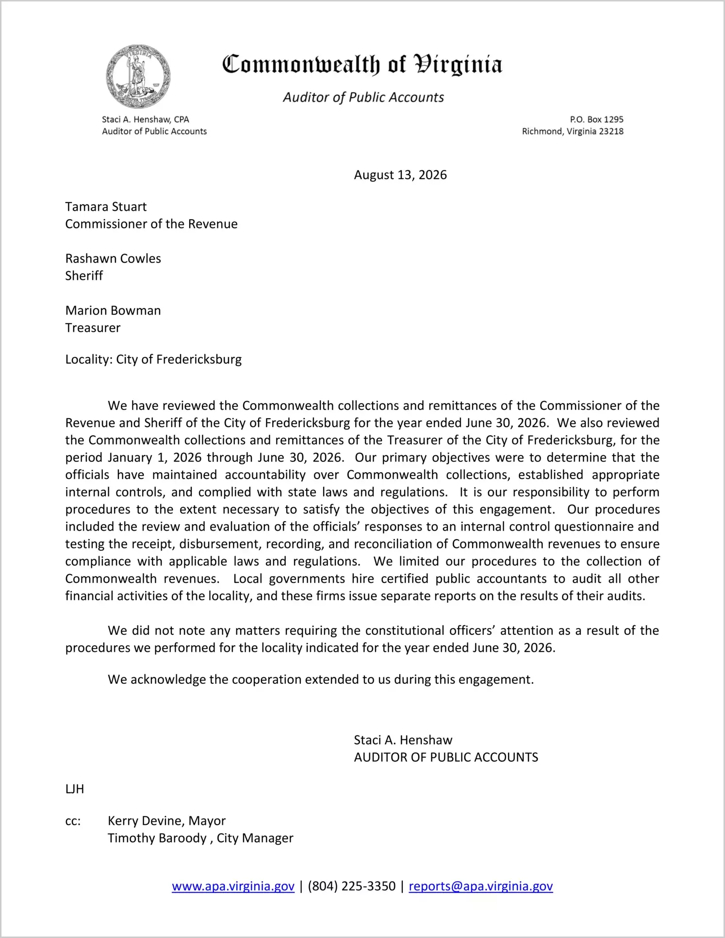 preview of Commonwealth Collections and Remittances of the Commissioner of the Revenue and Sheriff for the City of Fredericksburg for the year ended June 30, 2026, and the Treasurer for the period January 1, 2026 through June 30, 2026