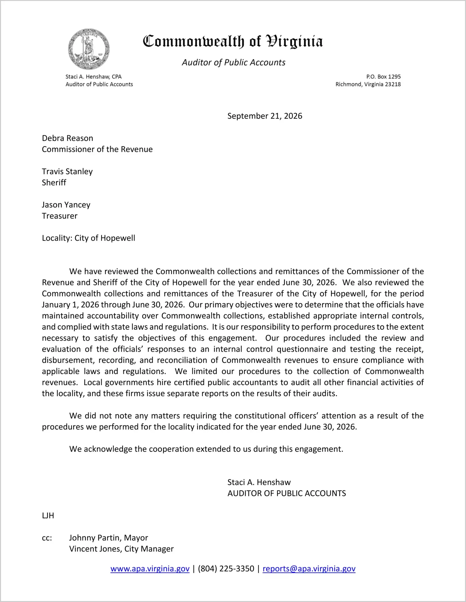 preview of Commonwealth Collections and Remittances of the Commissioner of the Revenue and Sheriff for the City of Hopewell for the year ended June 30, 2026, and the Treasurer for the period January 1, 2026 through June 30, 2026