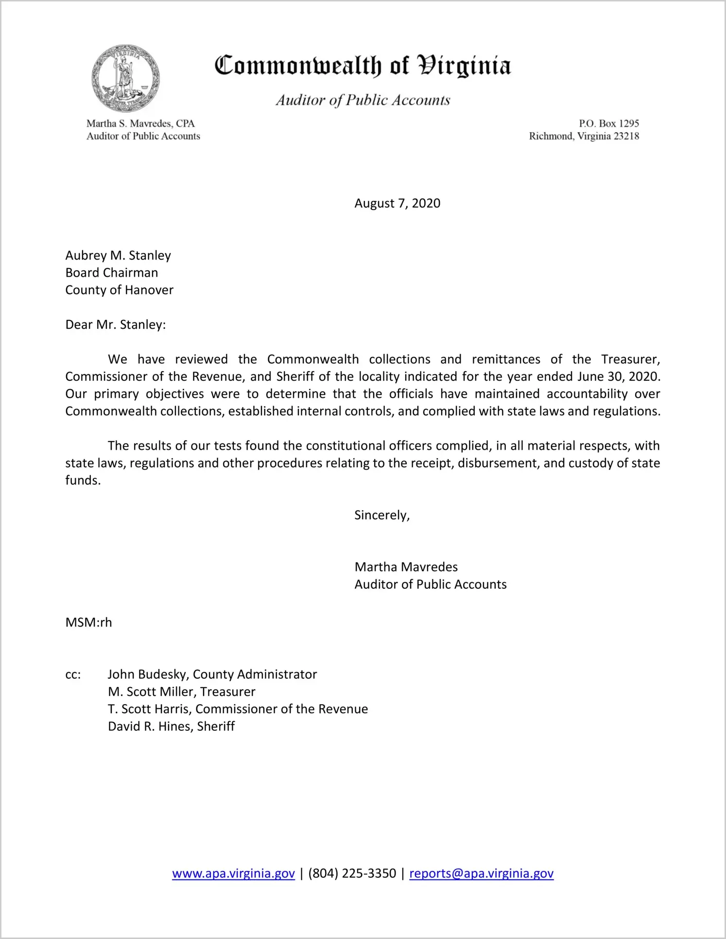 Commonwealth Collections and Remittances of the Treasurer, Commissioner of Revenue, and Sheriff for the County of Hanover for the year ended June 30, 2020