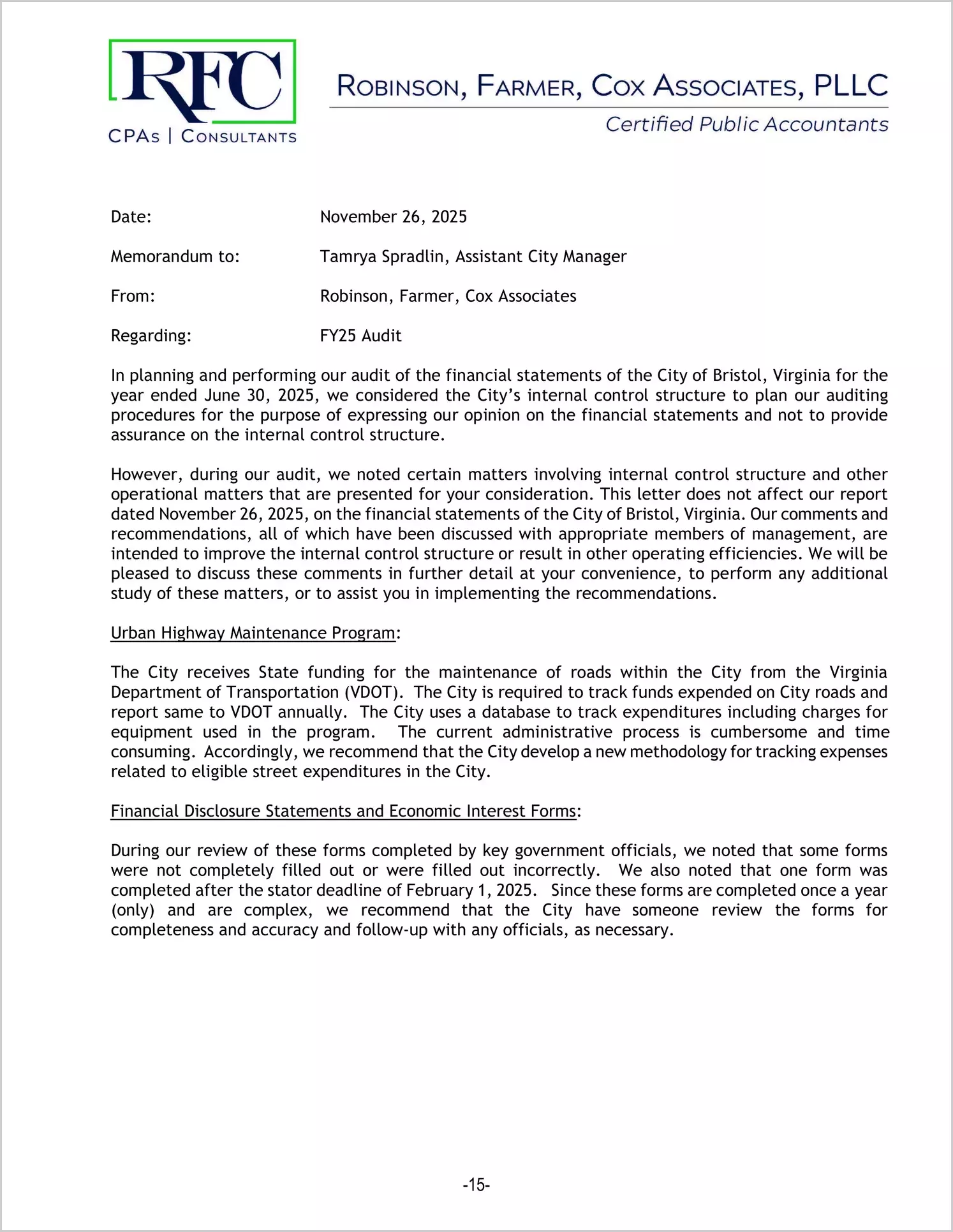 preview of 2025 Management Letter for City of Bristol