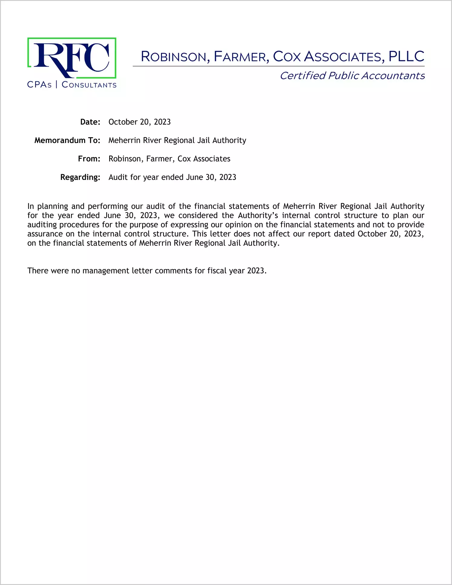 preview of 2023 ABC/Other Management Letter for Meherrin River Regional Jail Authority