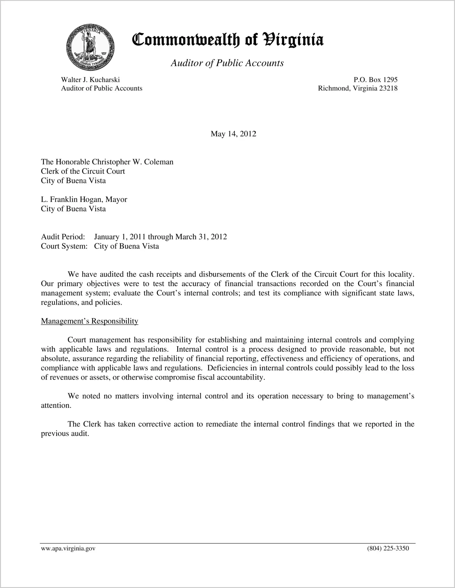 Clerk of the Circuit Court of the City of Buena Vista Report on Audit for the period January 1, 2011 through March 31, 2012