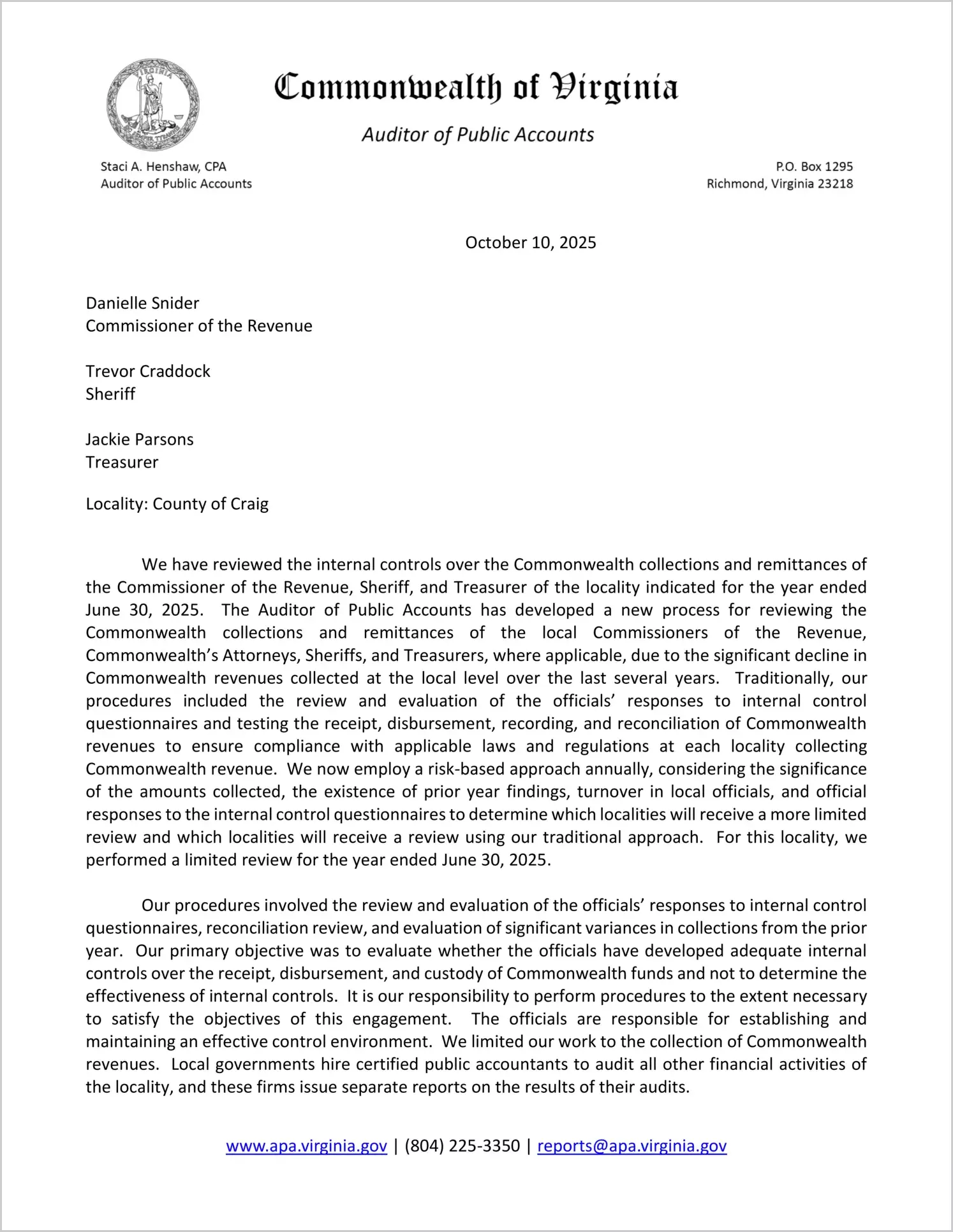 Commonwealth Collections and Remittances of the Commissioner of the Revenue, Sheriff, and Treasurer for the County of Craig for the year ended June 30, 2025