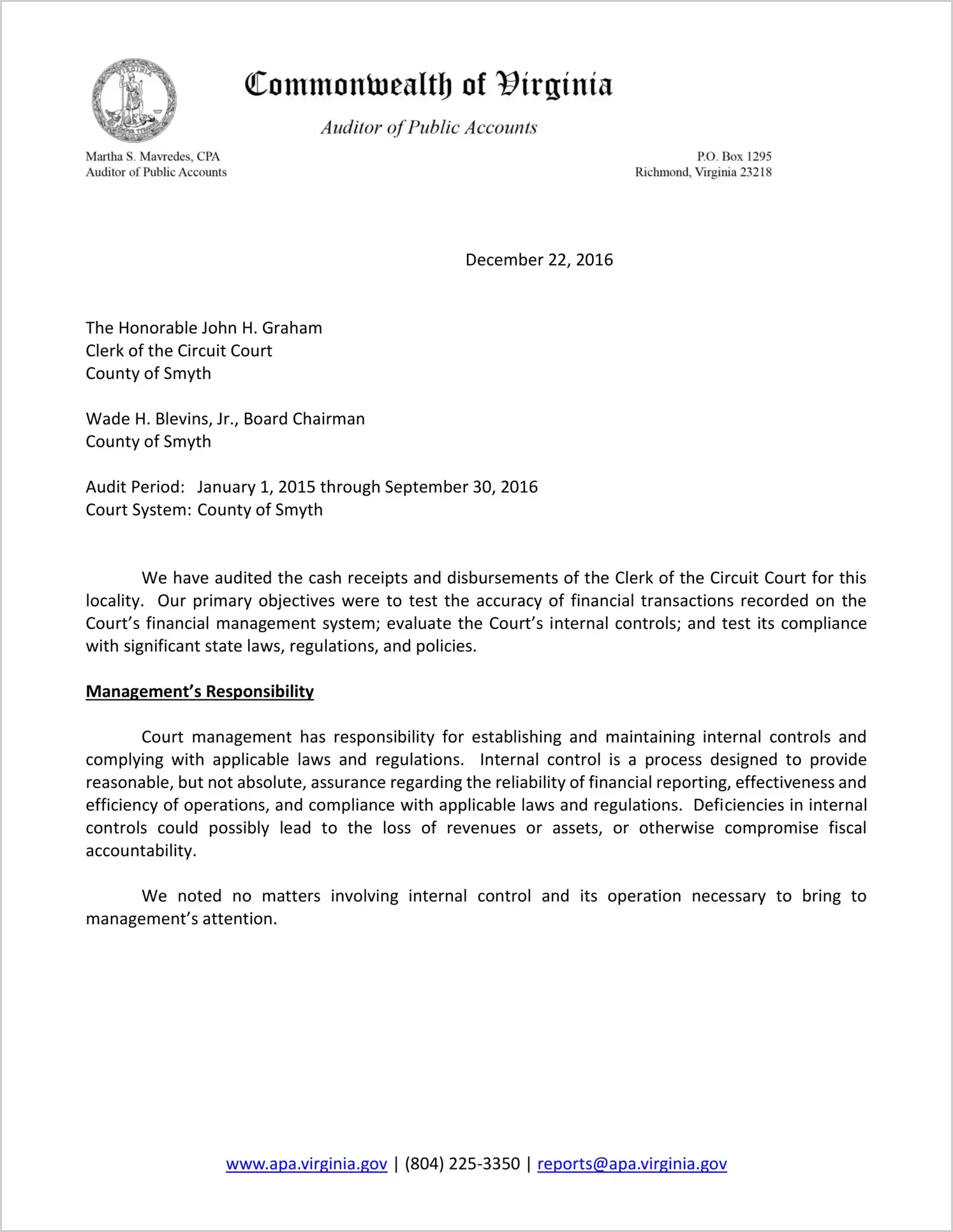 Clerk of the Circuit Court for the County of Smyth for the period July 1, 2015 through June 30, 2016