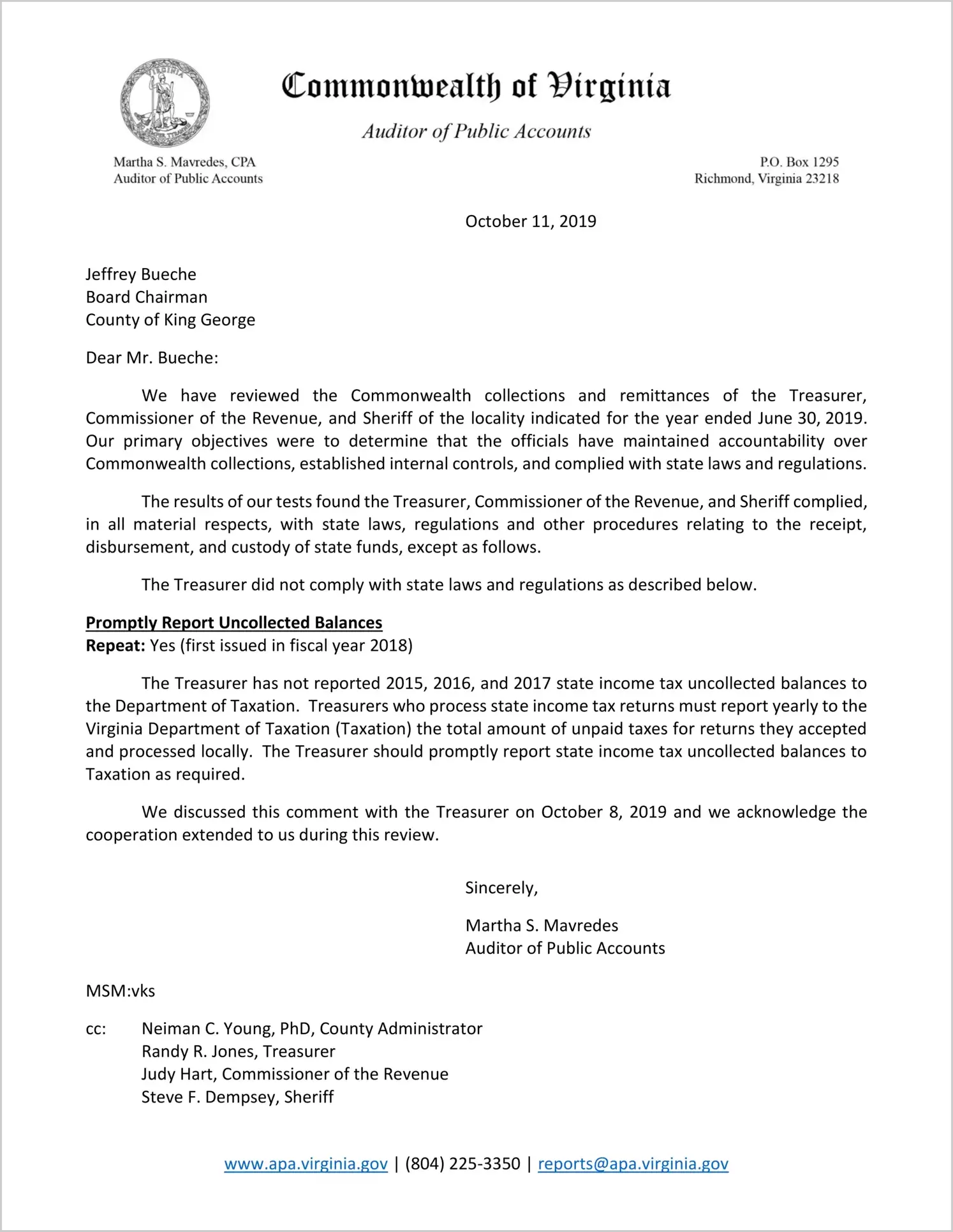 Commonwealth collections and remittances of the Treasurer, Commissioner of the Revenue, and Sheriff of the County of King George for the year ended June 30, 2019