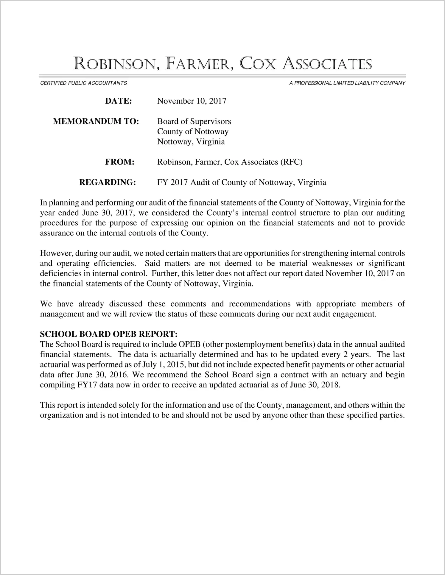 2017 Management Letter for County of Nottoway