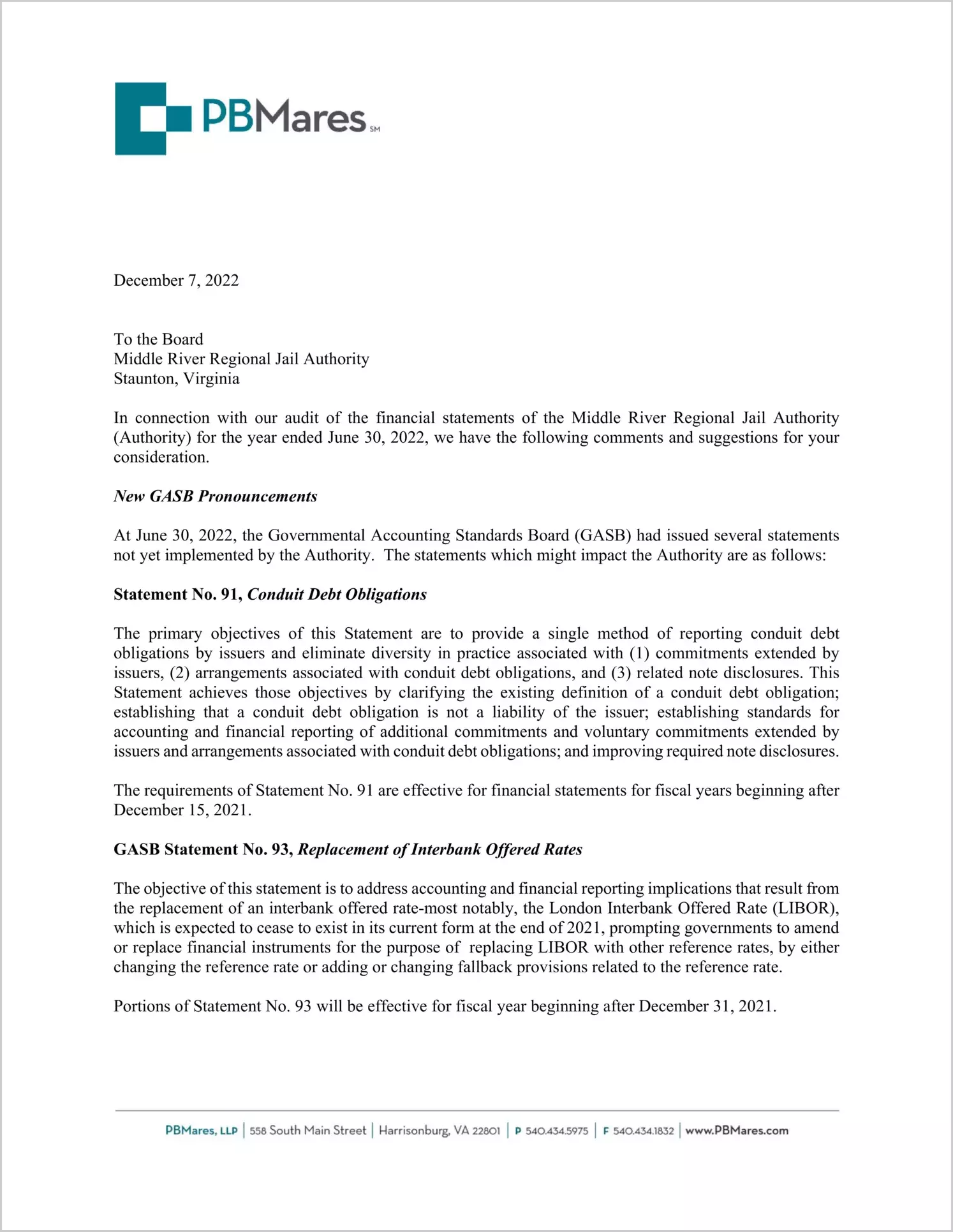2022 ABC/Other Management Letter for Middle River Regional Jail Authority