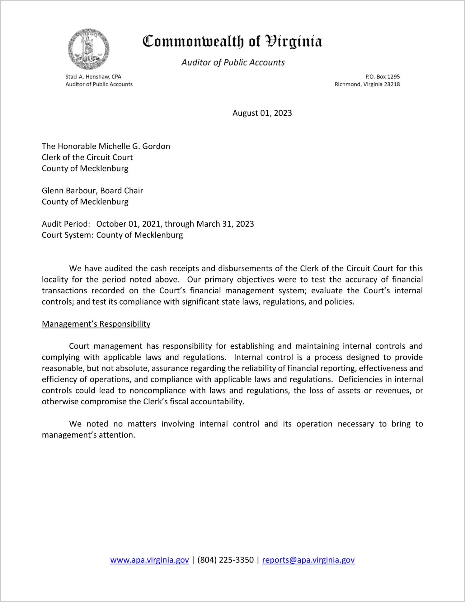 Clerk of the Circuit Court for the County of Mecklenburg for the period October 1, 2021 through March 31, 2023