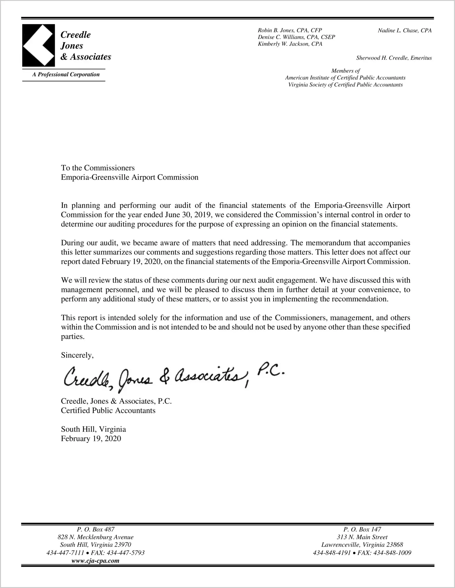 2019 ABC/Other Management Letter for Emporia-Greensville Airport Commission