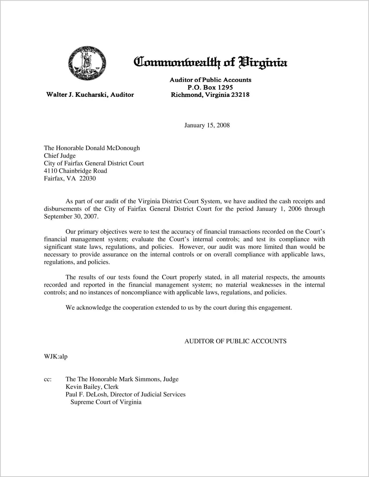 City of Fairfax General District Court for the period January 1, 2006 through September 30, 2007