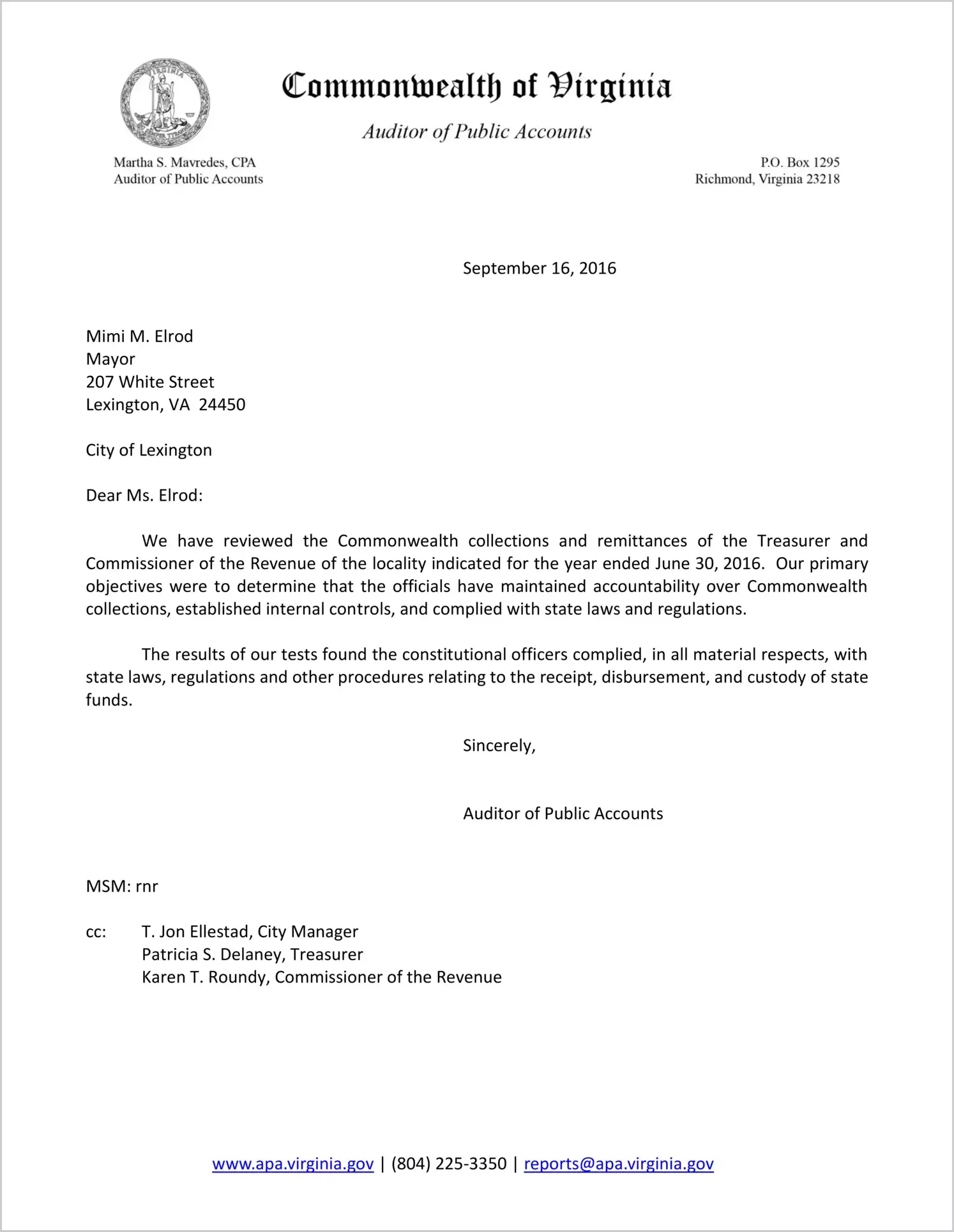 Commonwealth collections and remittances of the Treasurer, Commissioner of the Revenue, and Sheriff of the City of Lexington for the year ended June 30, 2016