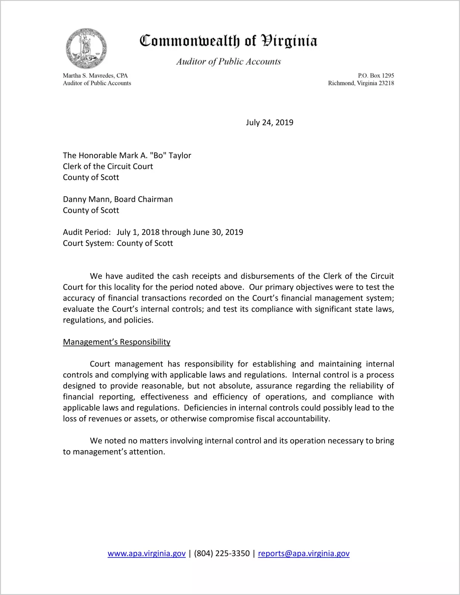 Clerk of the Circuit Court for the County of Scott for the period July 1, 2018 through June 30, 2019