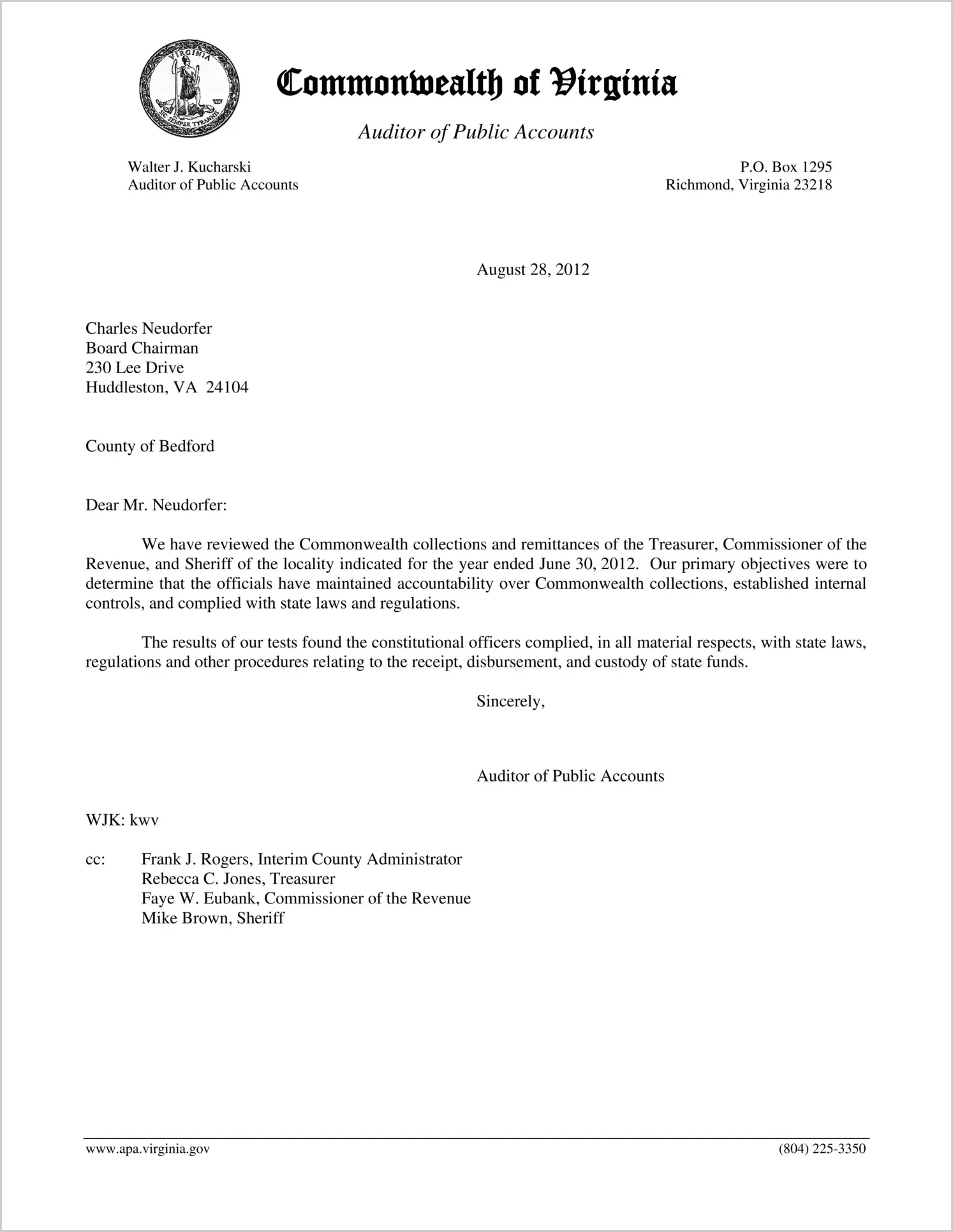 Commonwealth collections and remittances of the Treasurer, Commissioner of the Revenue, and Sheriff of the County of Bedford for the year ended June 30, 2012