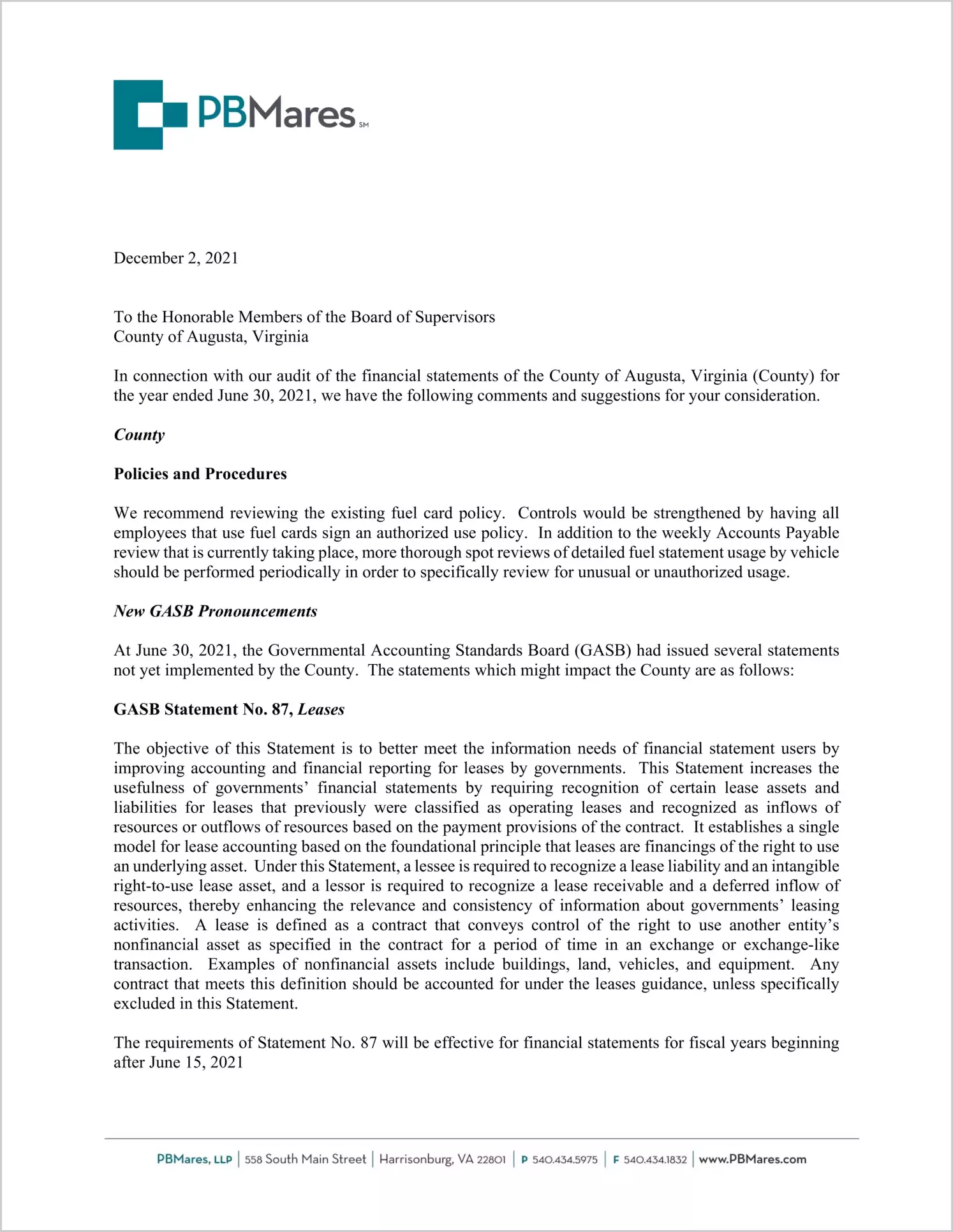 preview of 2021 Management Letter for County of Augusta