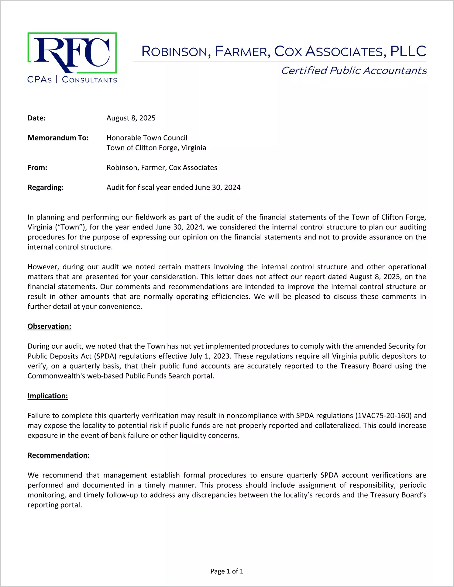 preview of 2024 Management Letter for Town of Clifton Forge