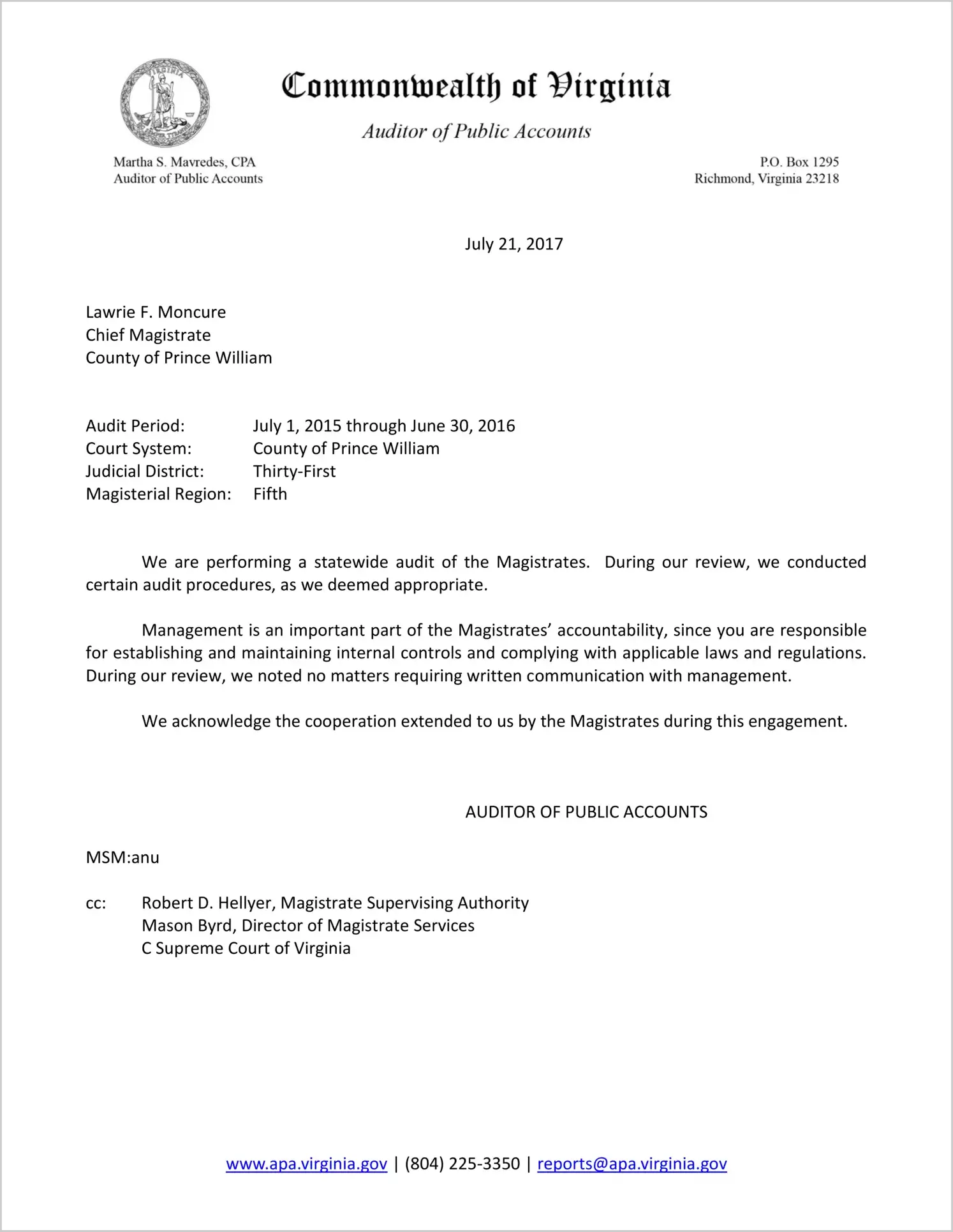 Magistrate Judicial District 31 for the County of Prince William for the period July 1, 2015 through June 30, 2016