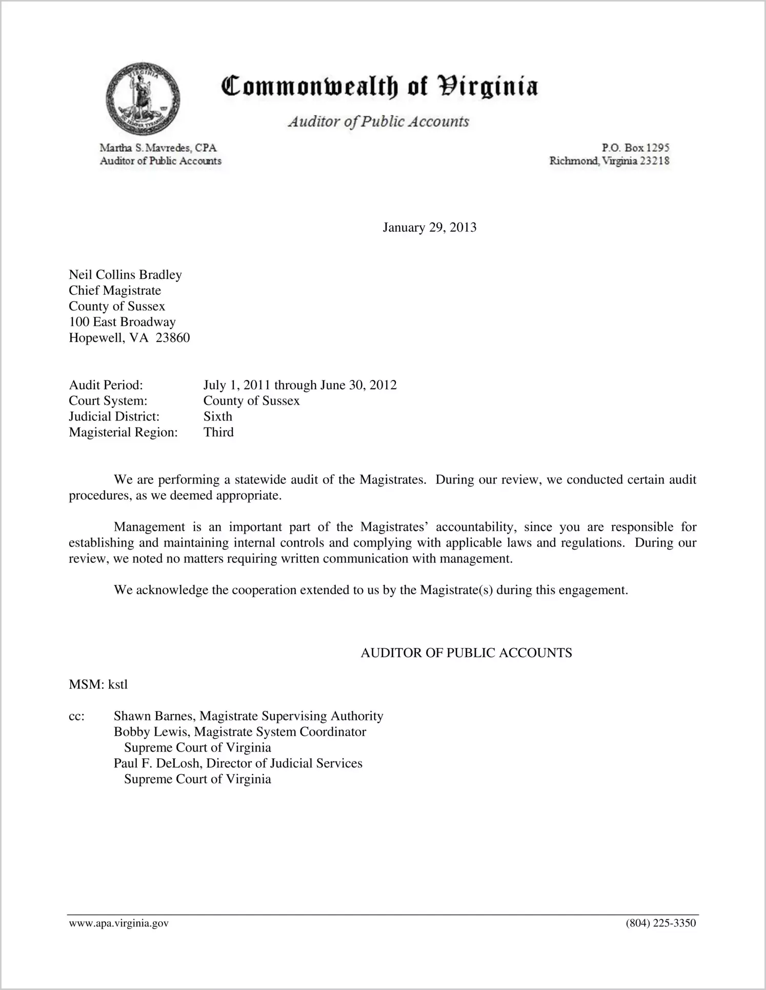 Magistrate for the County of Sussex Report on Audit for the period July 1, 2011 through June 30, 2012
