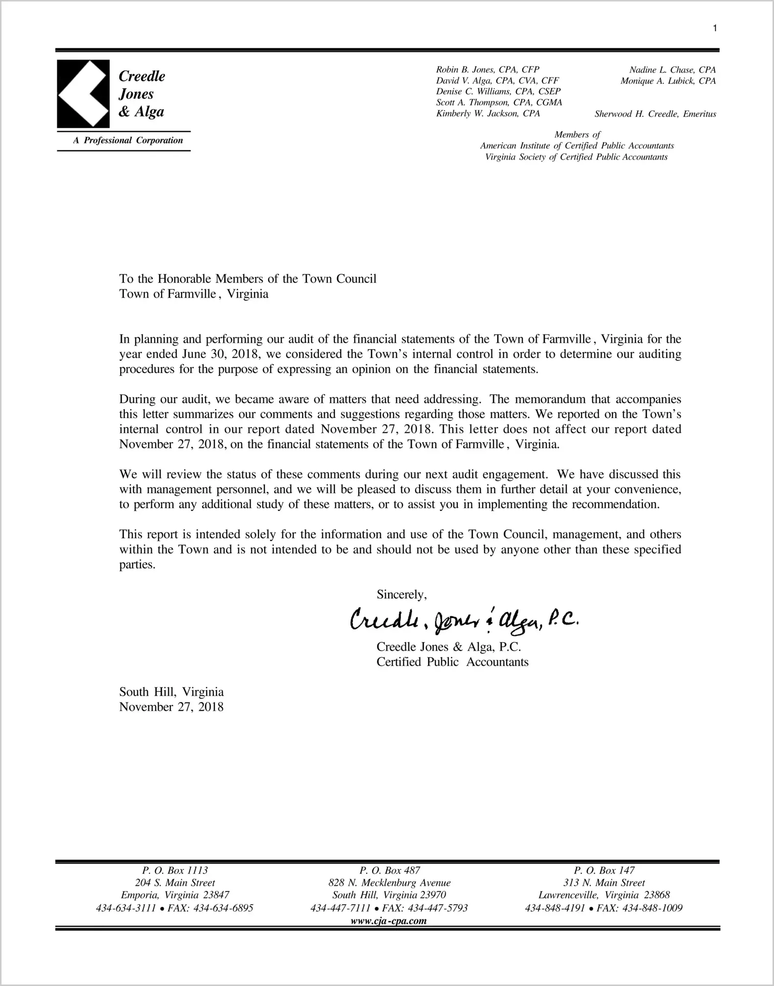 2018 Management Letter for Town of Farmville