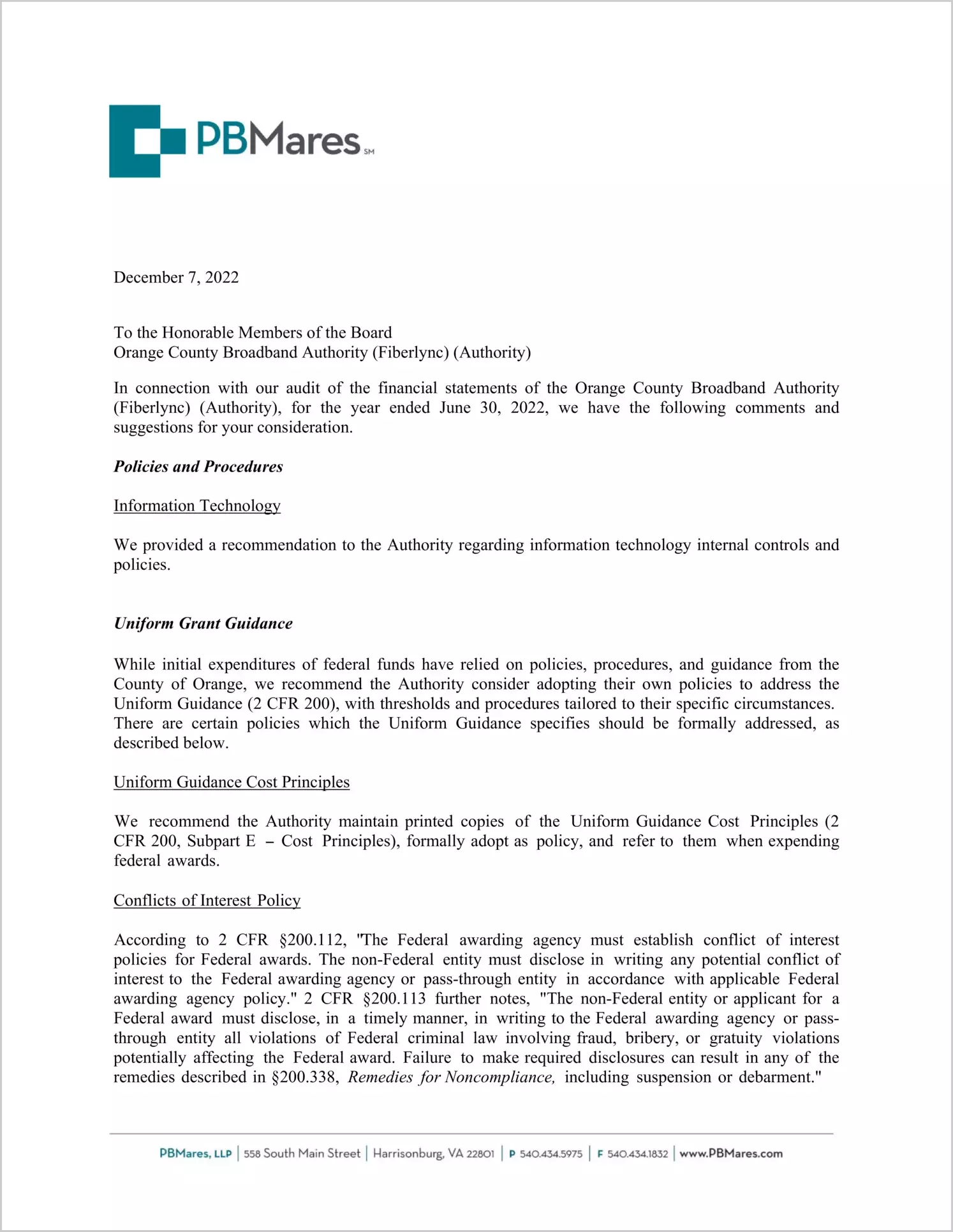 preview of 2022 ABC/Other Management Letter for Orange County Broadband Authority