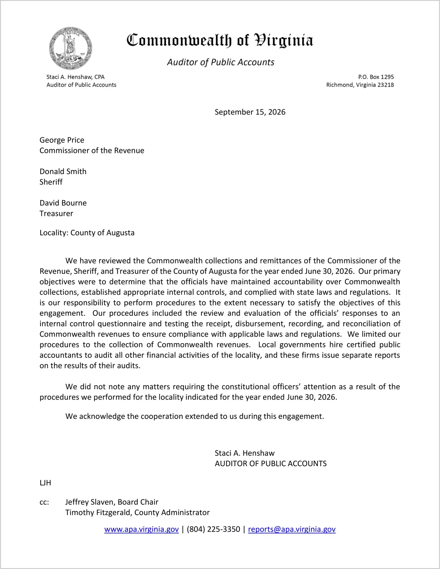 preview of Commonwealth Collections and Remittances of the Commissioner of the Revenue, Sheriff, and Treasurer for the County of Augusta for the year ended June 30, 2026
