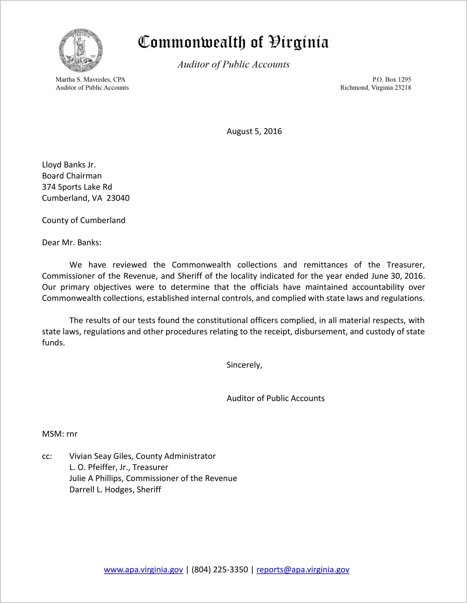 Commonwealth collections and remittances of the Treasurer, Commissioner of the Revenue, and Sheriff of the County of Cumberland for the year ended June 30, 2016