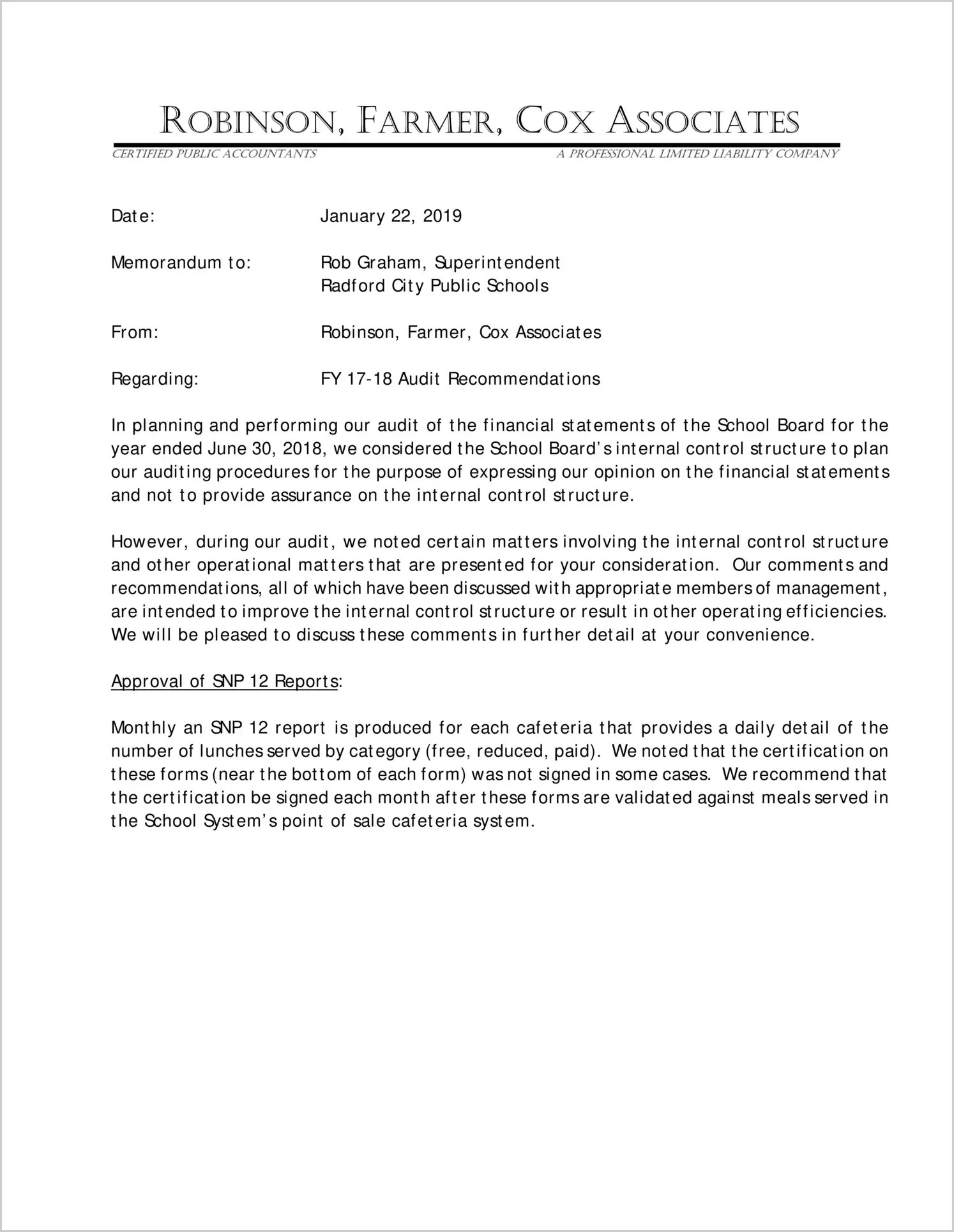 2018 Public Schools Management Letter for City of Radford