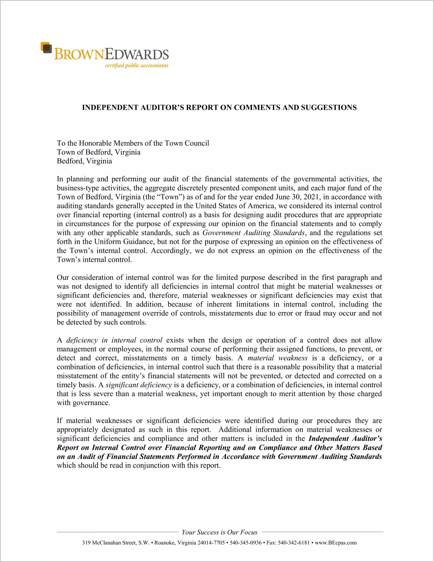 preview of 2021 Management Letter for Town of Bedford