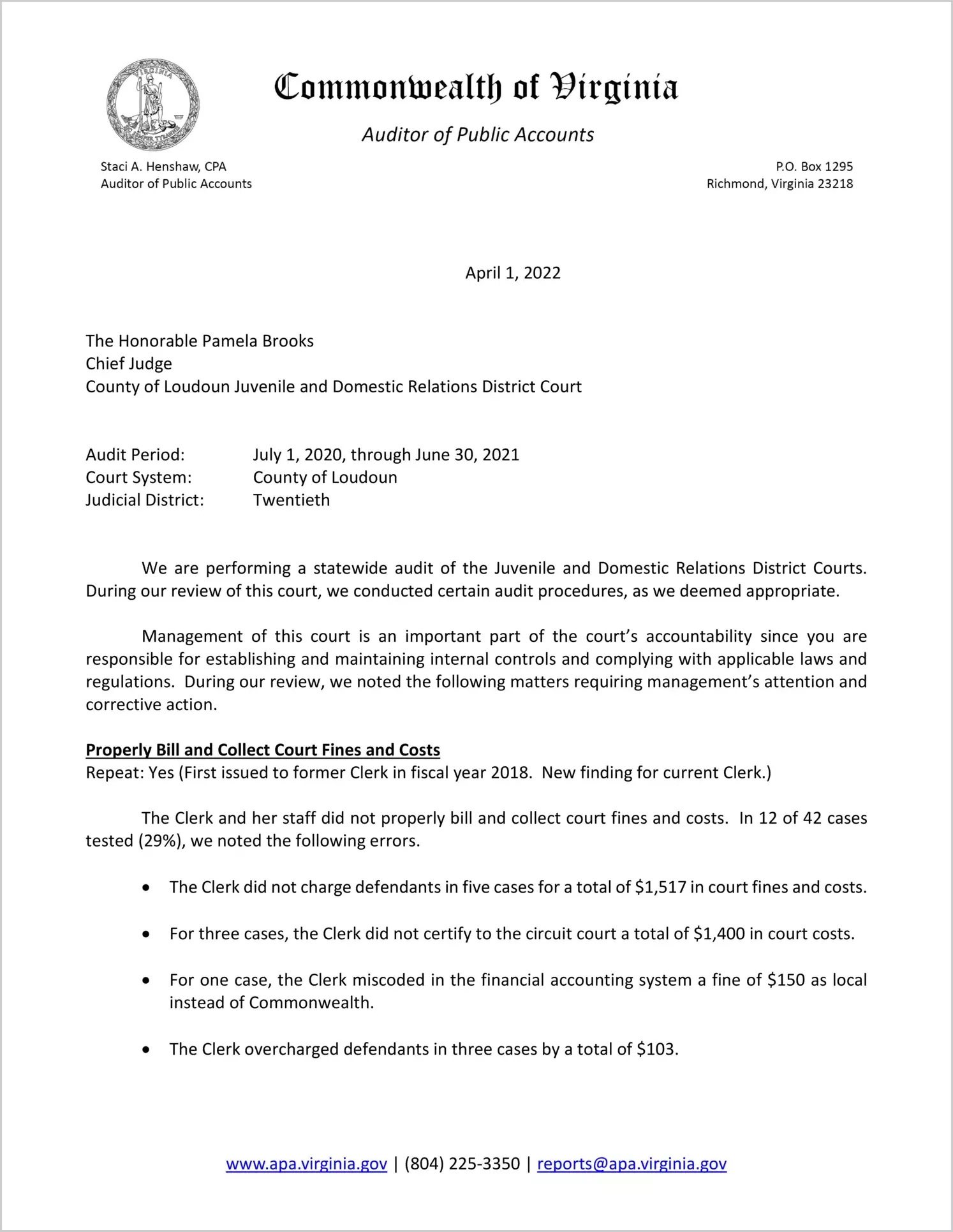 Juvenile and Domestic Relations Court for the County of Loudoun for the period July 1, 2020 through June 30, 2021