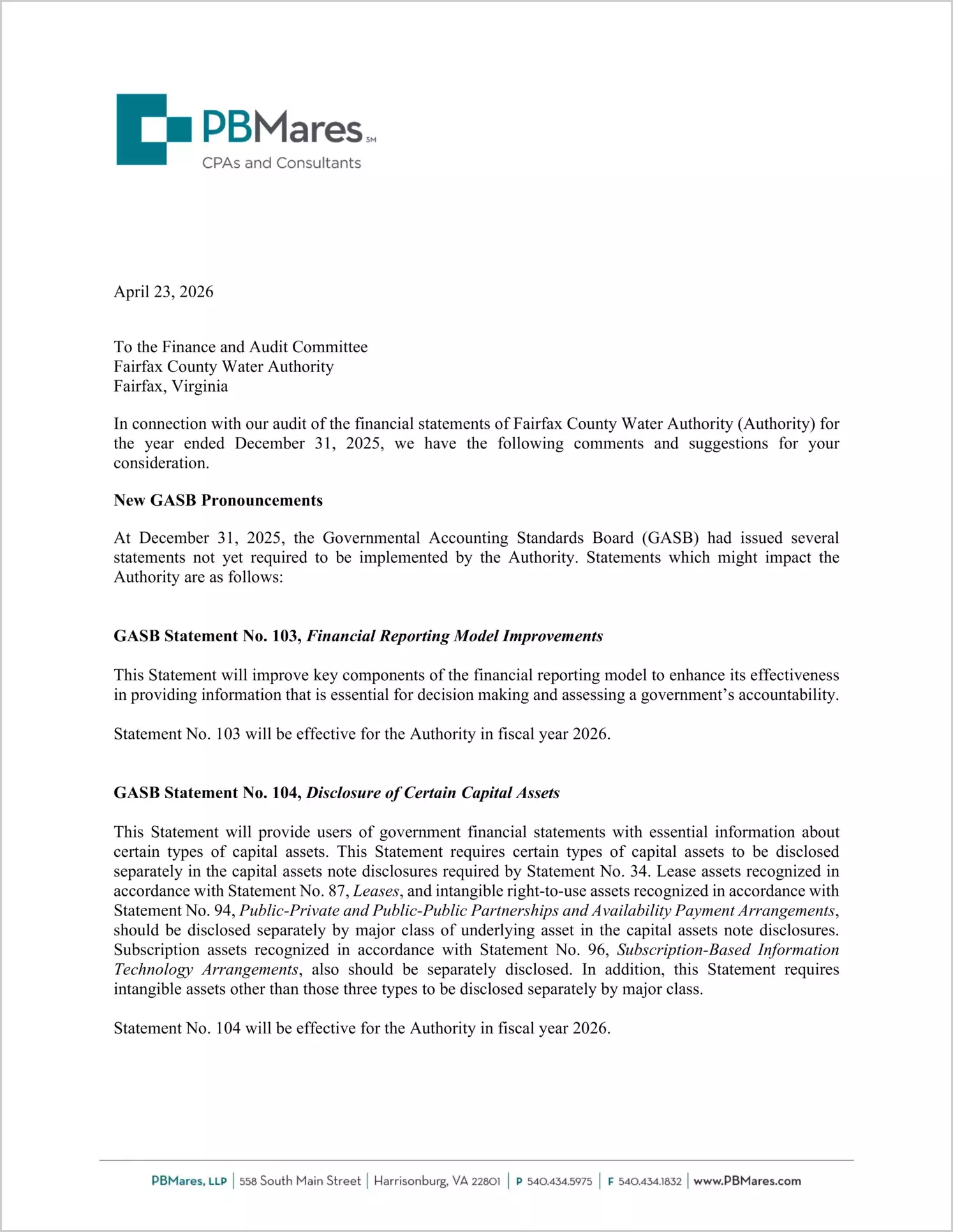 preview of 2025 ABC/Other Management Letter for Fairfax County Water Authority