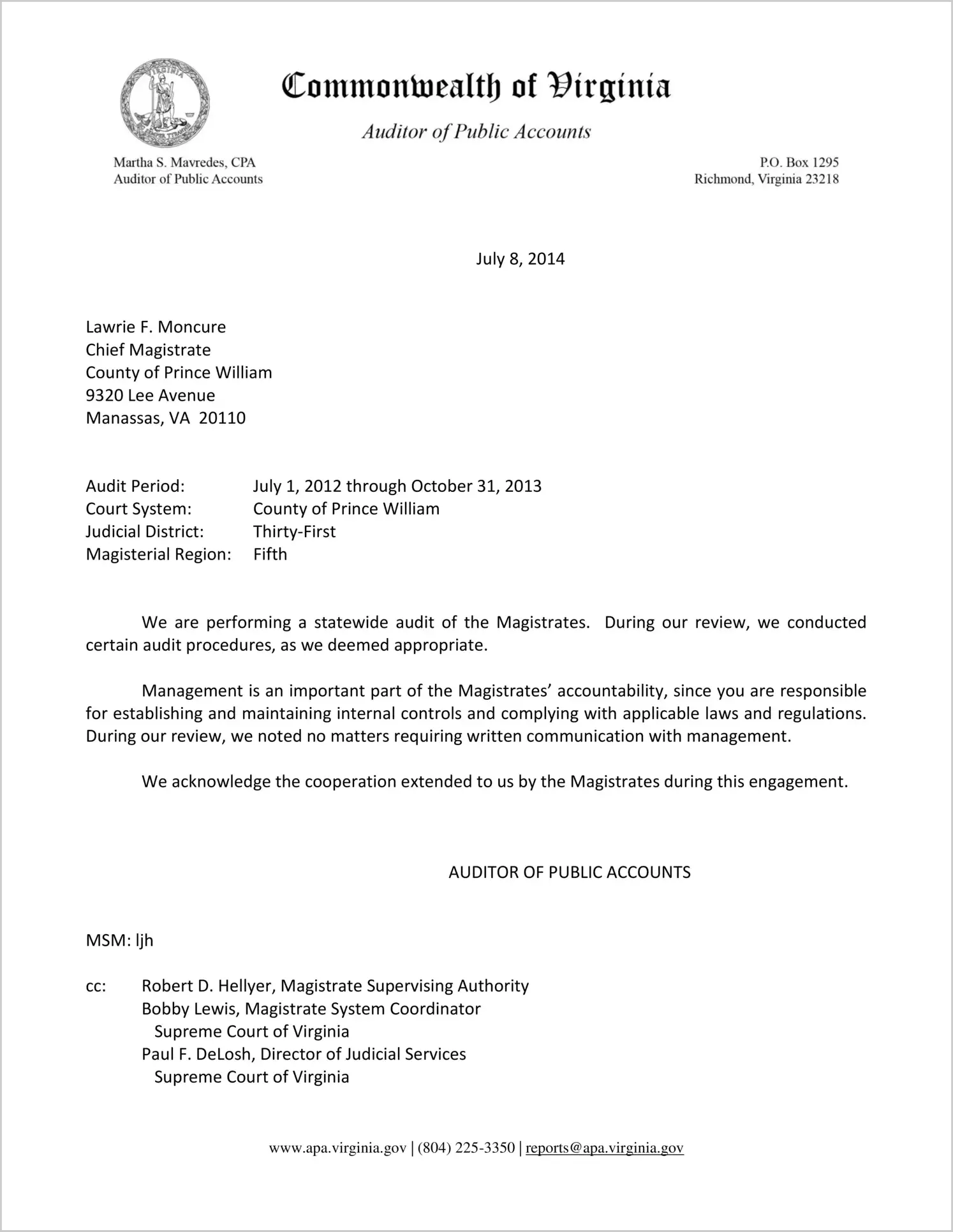 Magistrate for the County of Prince William Report on Audit for the period July 1, 2012 through October 31, 2013