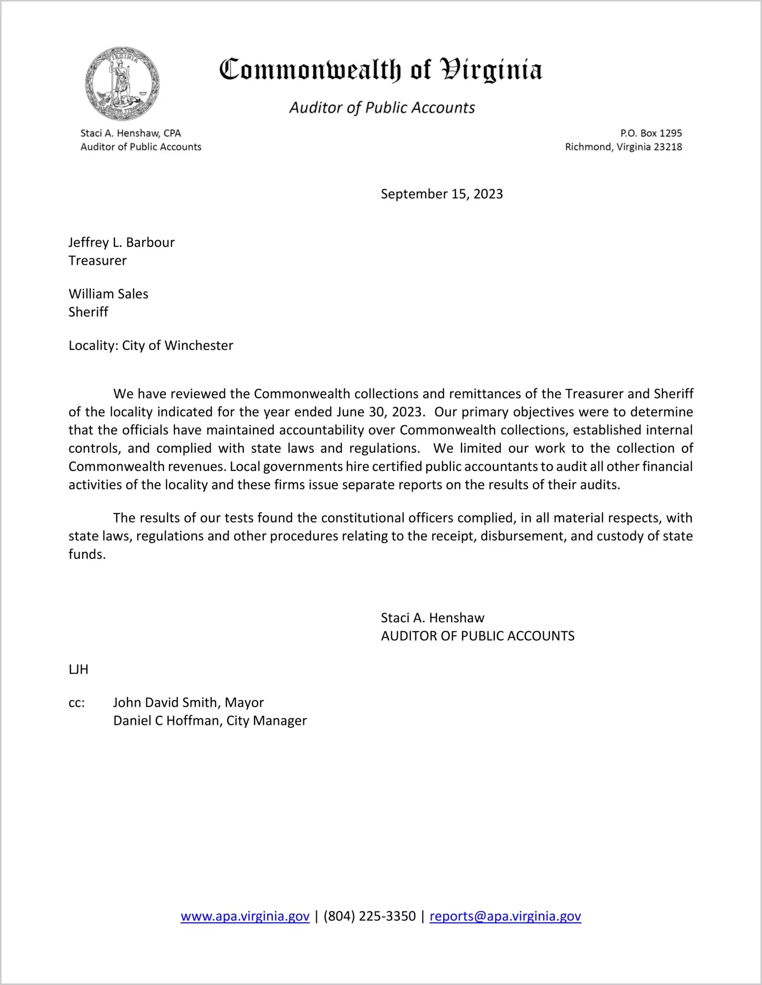 Commonwealth Collections and Remittances of the Treasurer and Sheriff for the City of Winchester for the year ended June 30, 2023