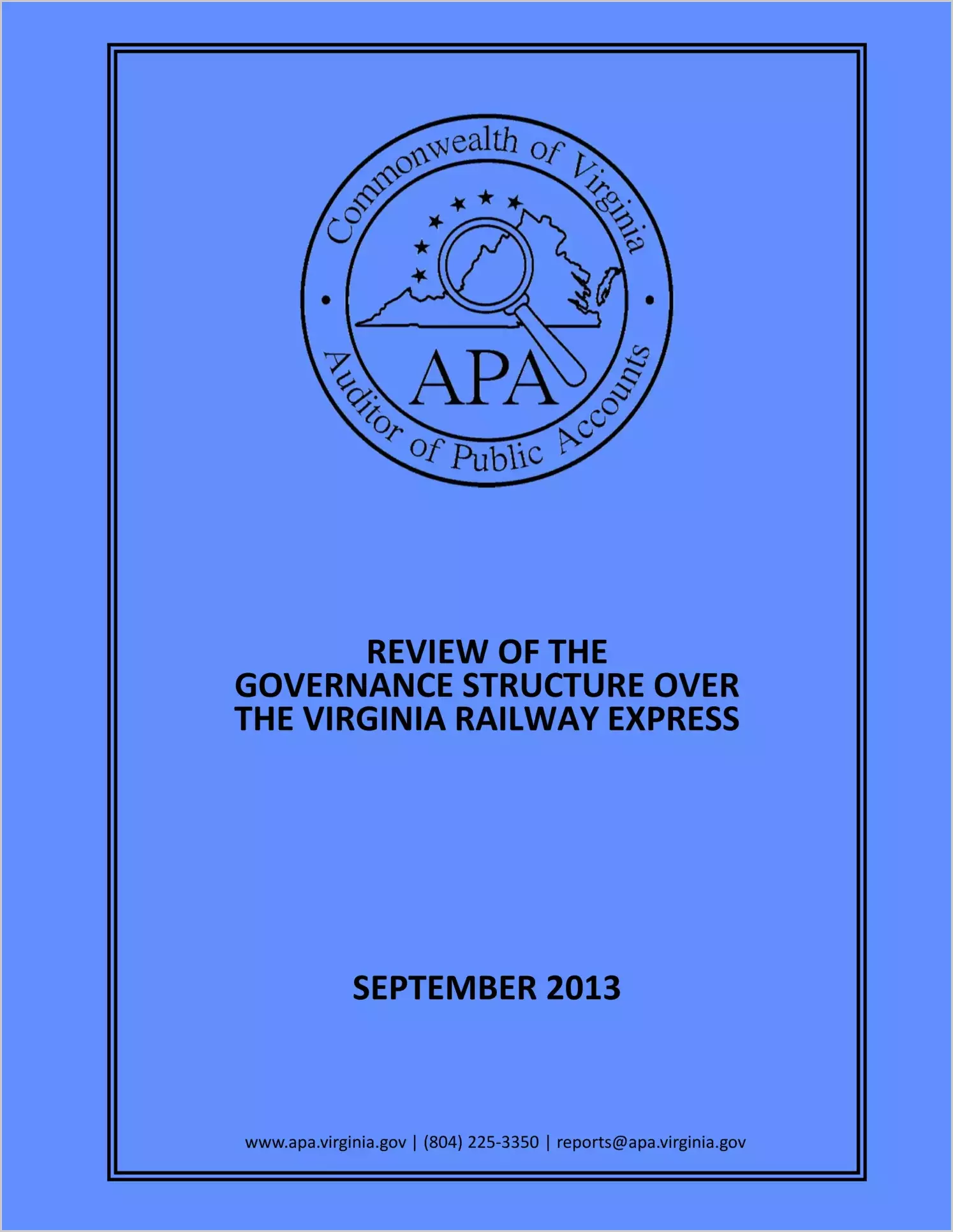 Review of the Governance Structure Over the Virginia Railway Express - September 2013
