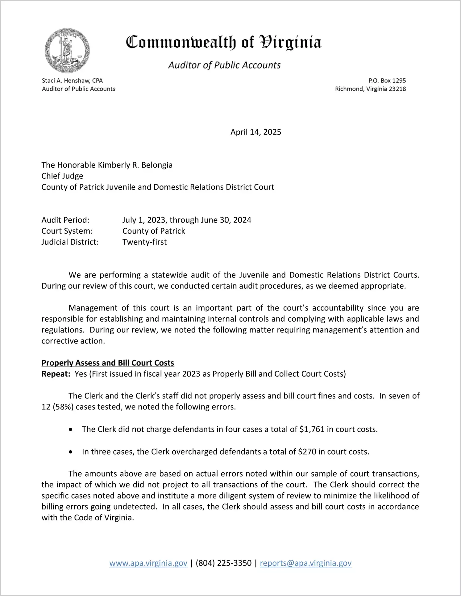 Juvenile and Domestic Relations District Court for the County of Patrick for the period July 1, 2023 through June 30, 2024