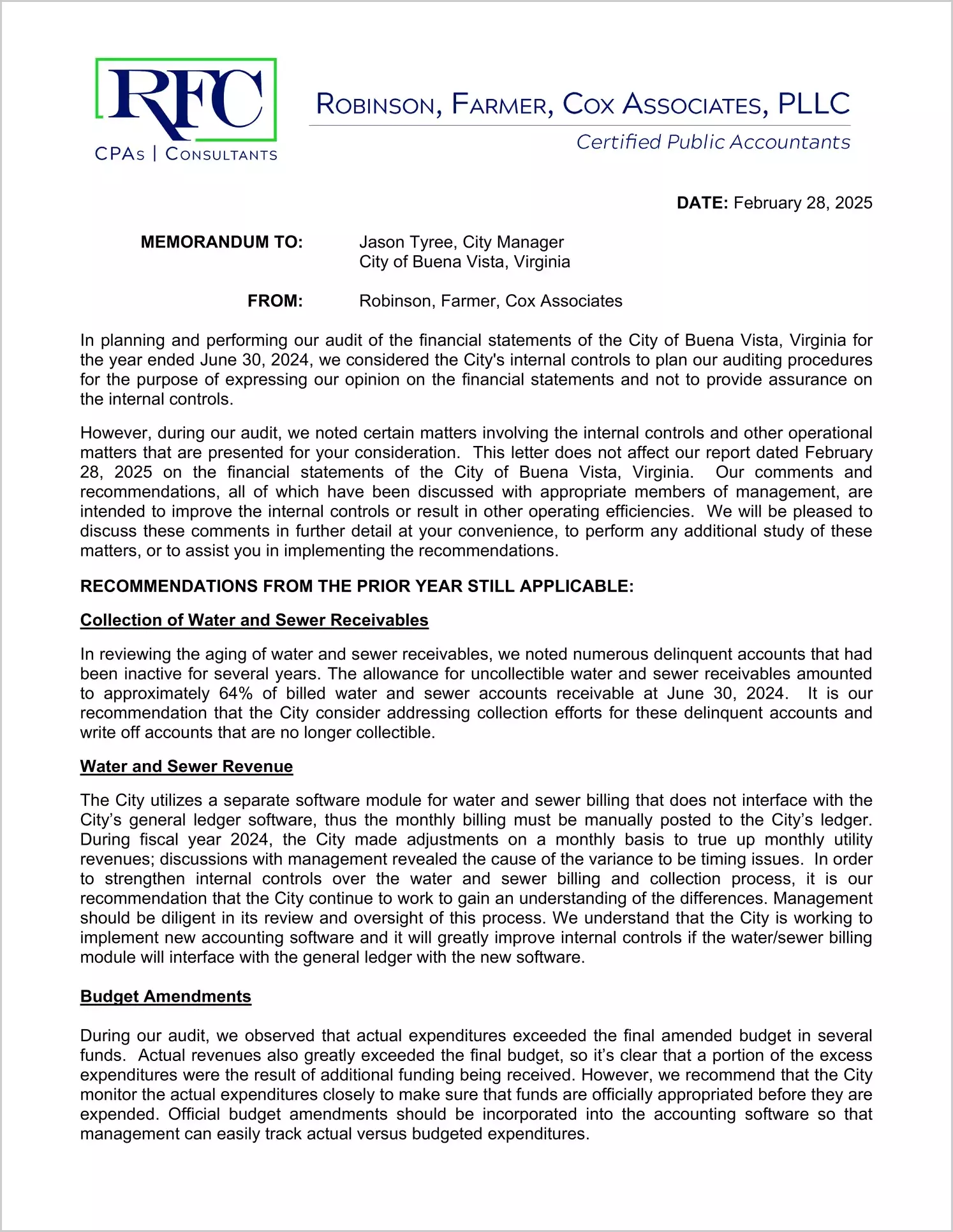 preview of 2024 Management Letter for City of Buena Vista