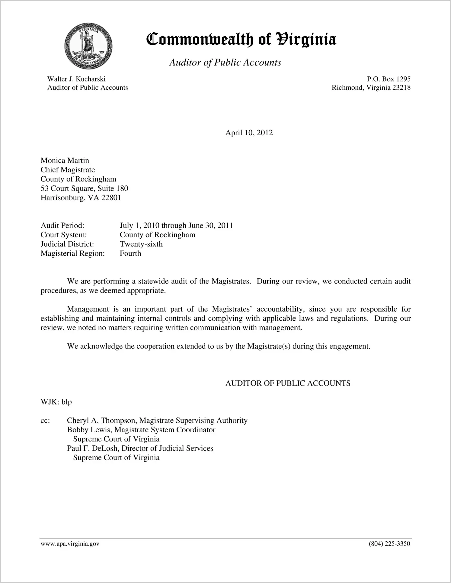 Magistrate for the County of Rockingham Report on Audit for the period July 1, 2010 through June 30, 2011