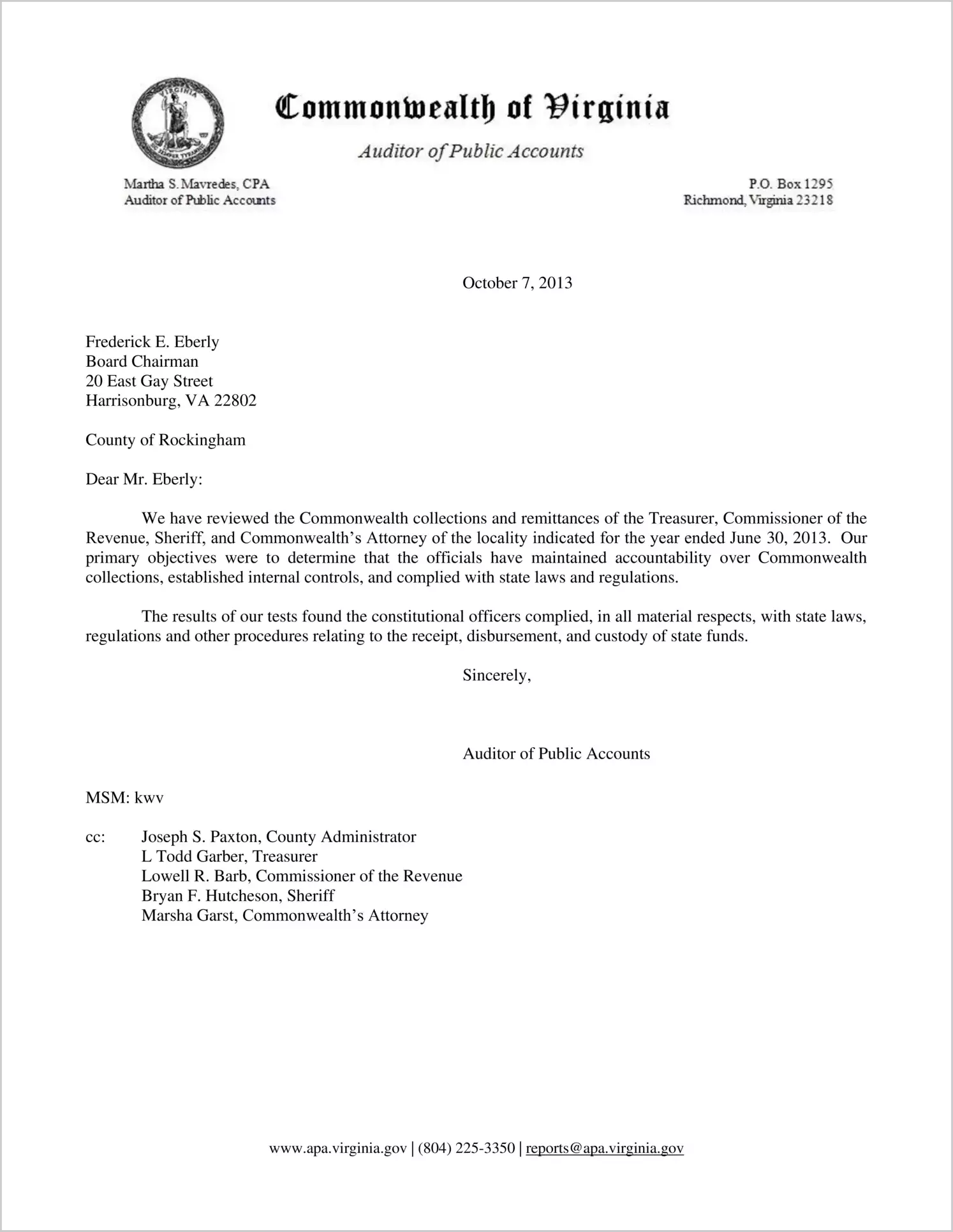 Commonwealth collections and remittances of the Treasurer, Commissioner of the Revenue, and Sheriff of the County of Rockingham for the year ended June 30, 2013
