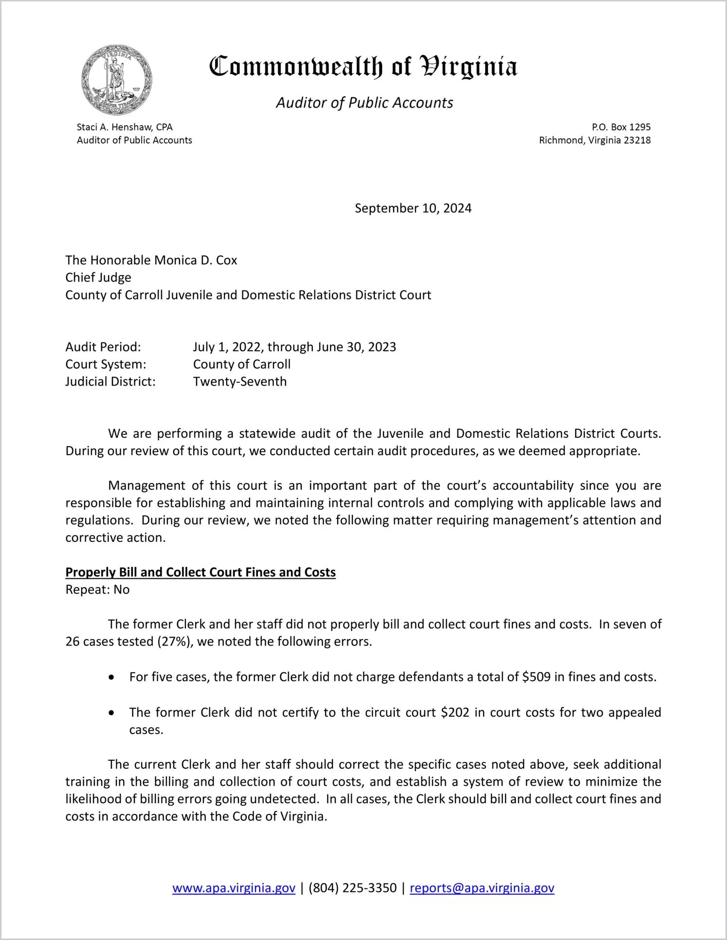 Juvenile and Domestic Relations Court for the County of Carroll for the period July 1, 2022 through June 30, 2023