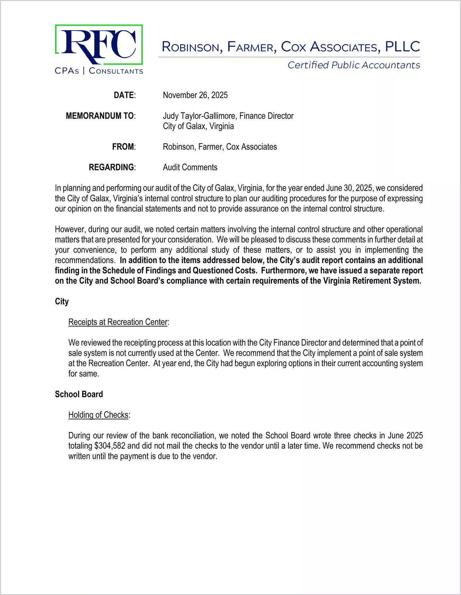 preview of 2025 Management Letter for City of Galax