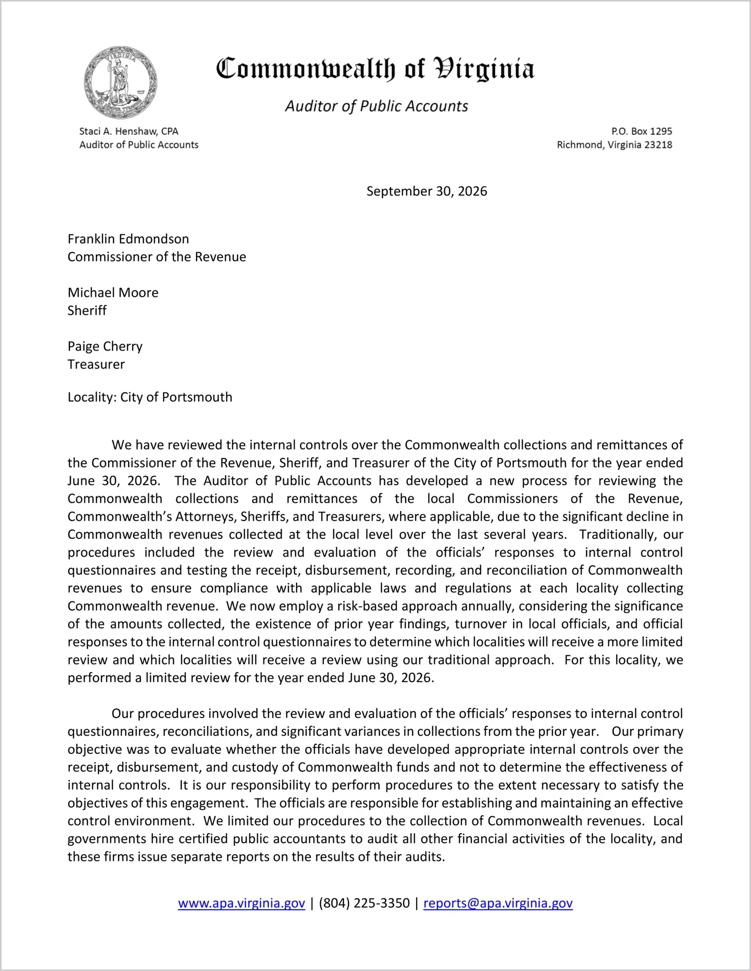 preview of Commonwealth Collections and Remittances of the Commissioner of the Revenue, Sheriff, and Treasurer for the City of Portsmouth for the year ended June 30, 2026
