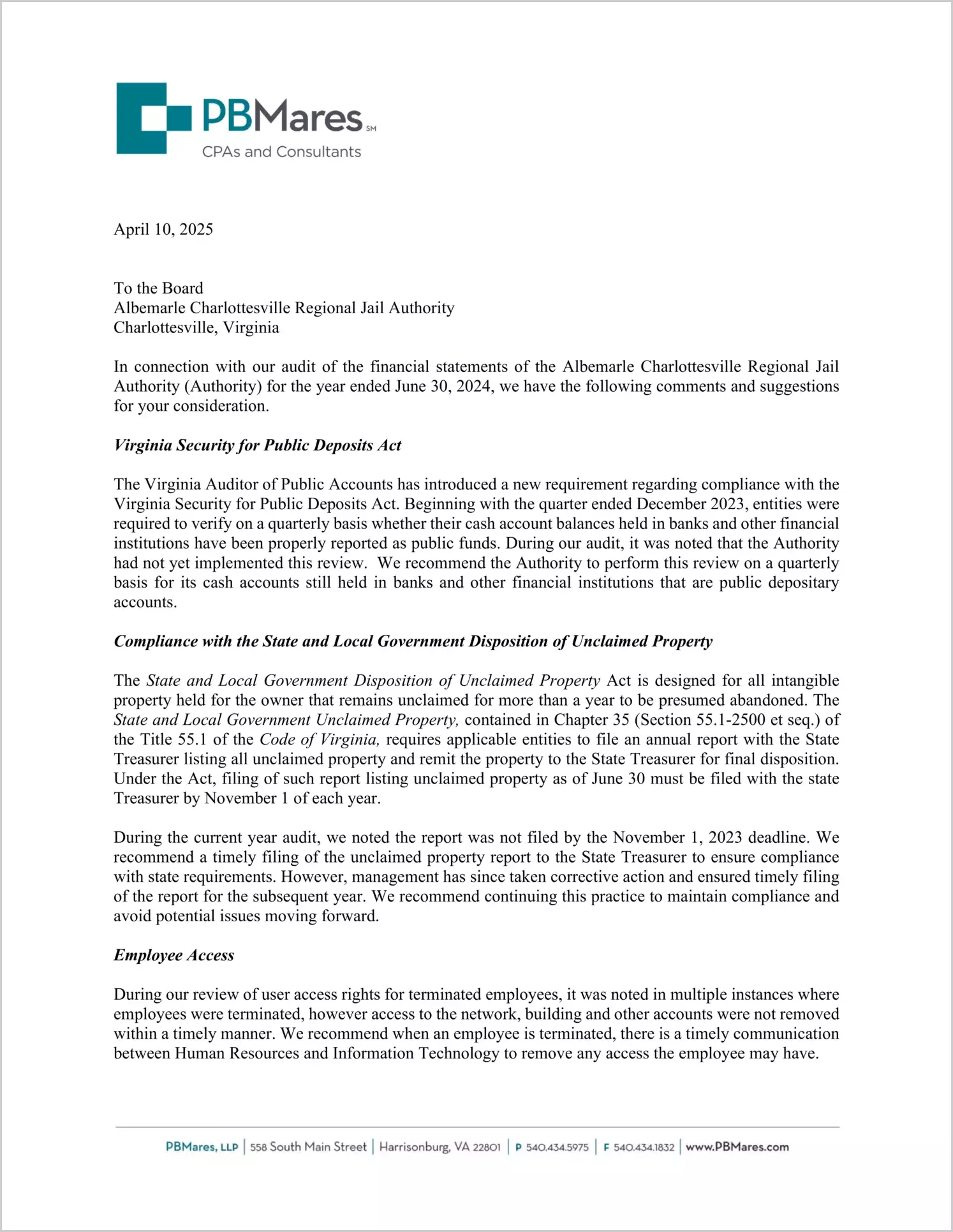 preview of 2024 ABC/Other Management Letter for Albemarle-Charlottesville Regional Jail Authority