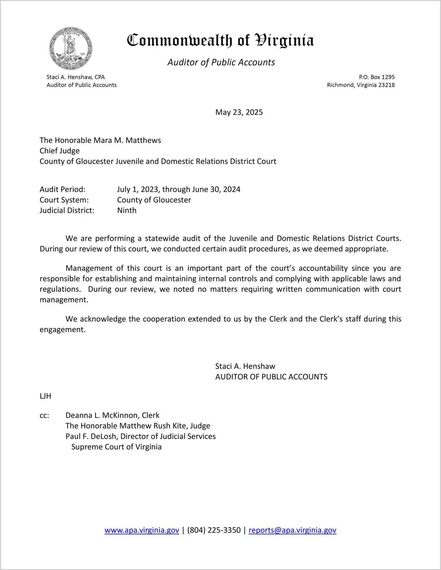 Juvenile and Domestic Relations District Court for the County of Gloucester for the period July 1, 2023 through June 30, 2024