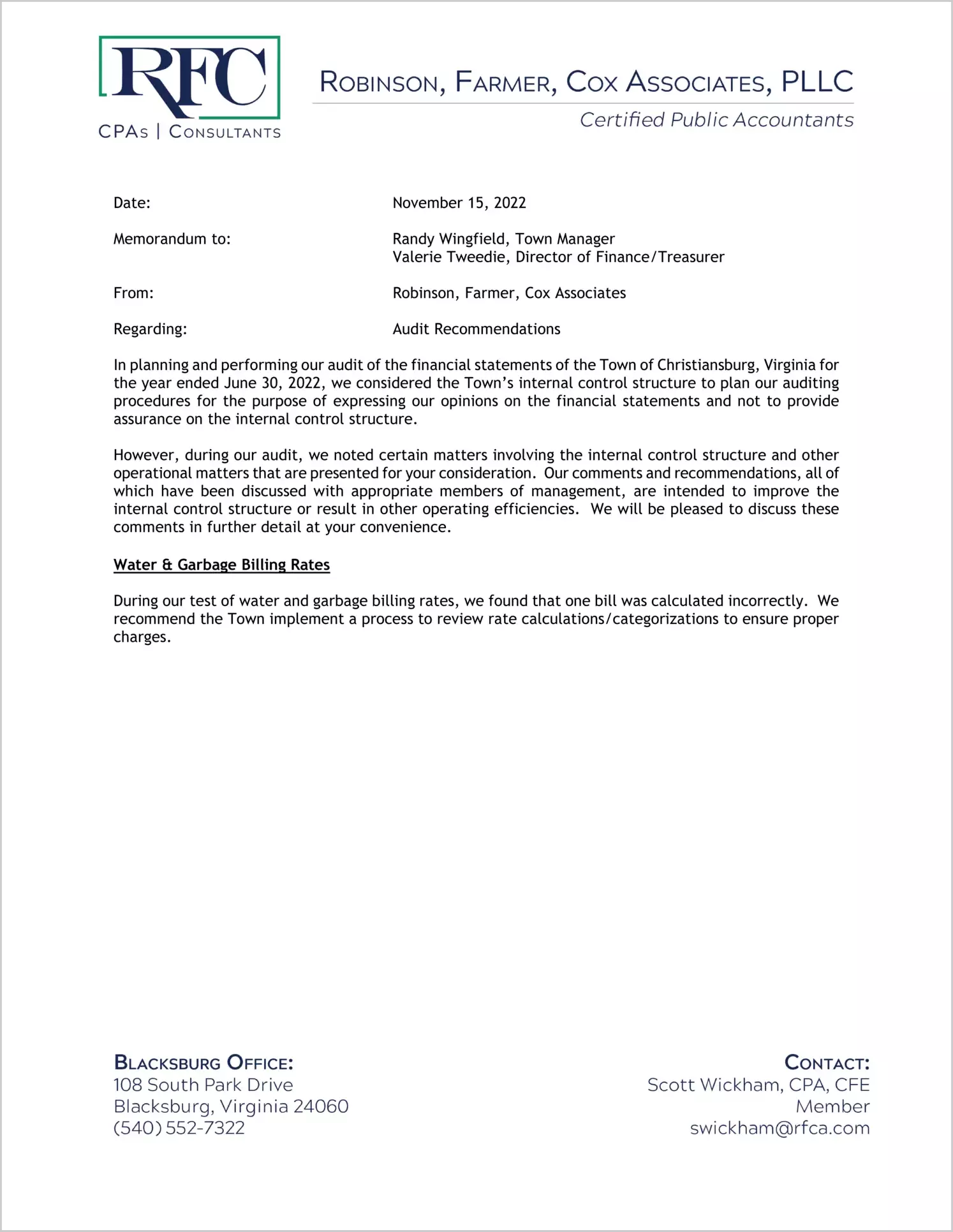 preview of 2022 Management Letter for Town of Christiansburg