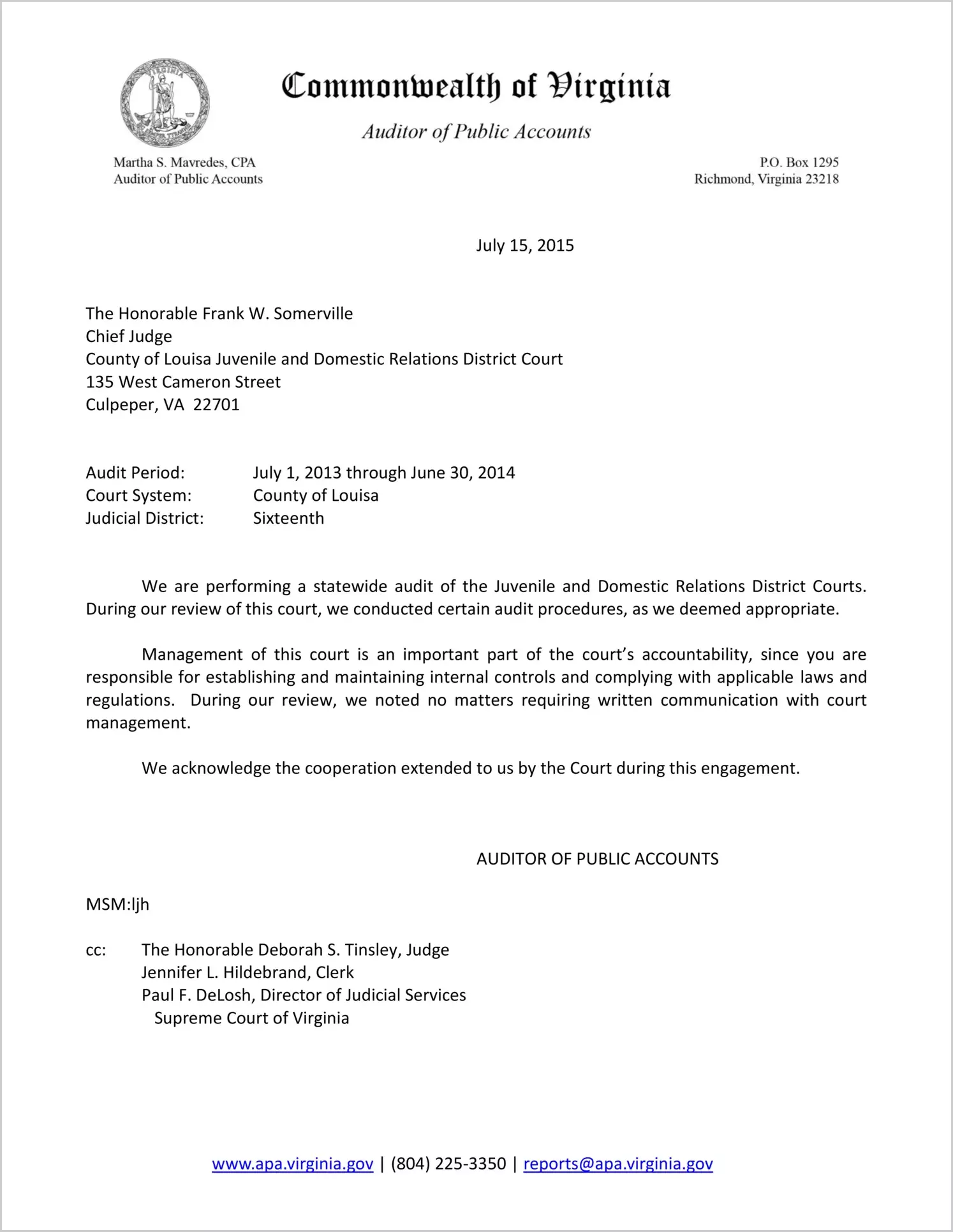 Clerk of the Juvenile and Domestic Relations Court for the County of Louisa Report on Audit for the period July 1, 2013 through June 30, 2014