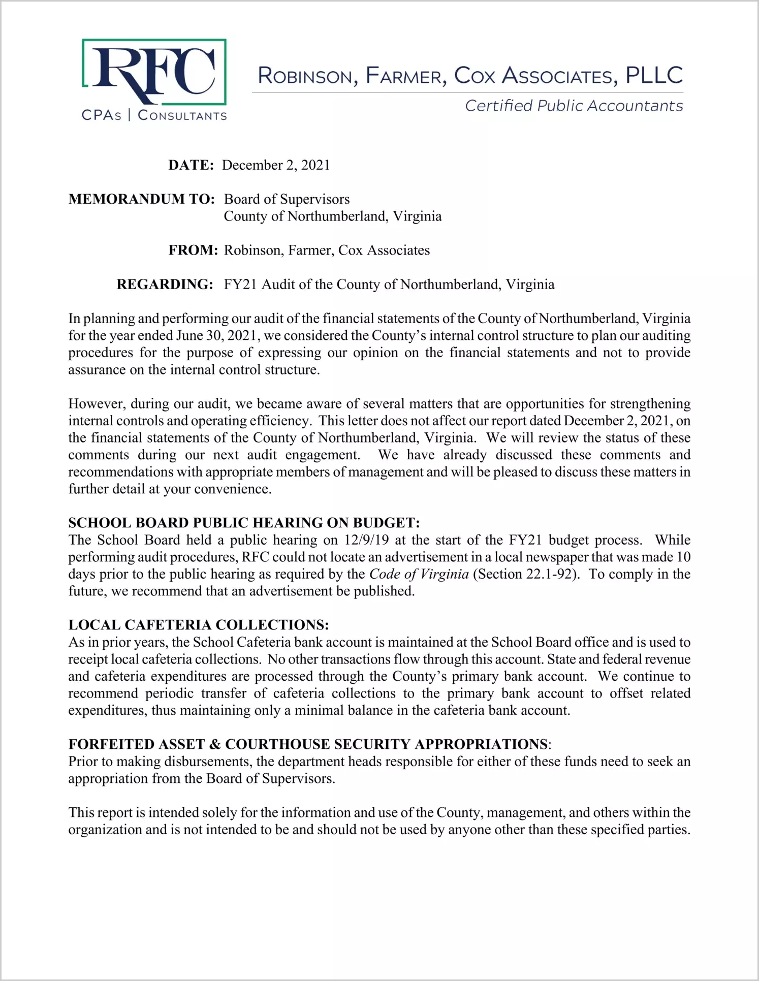 preview of 2021 Management Letter for County of Northumberland