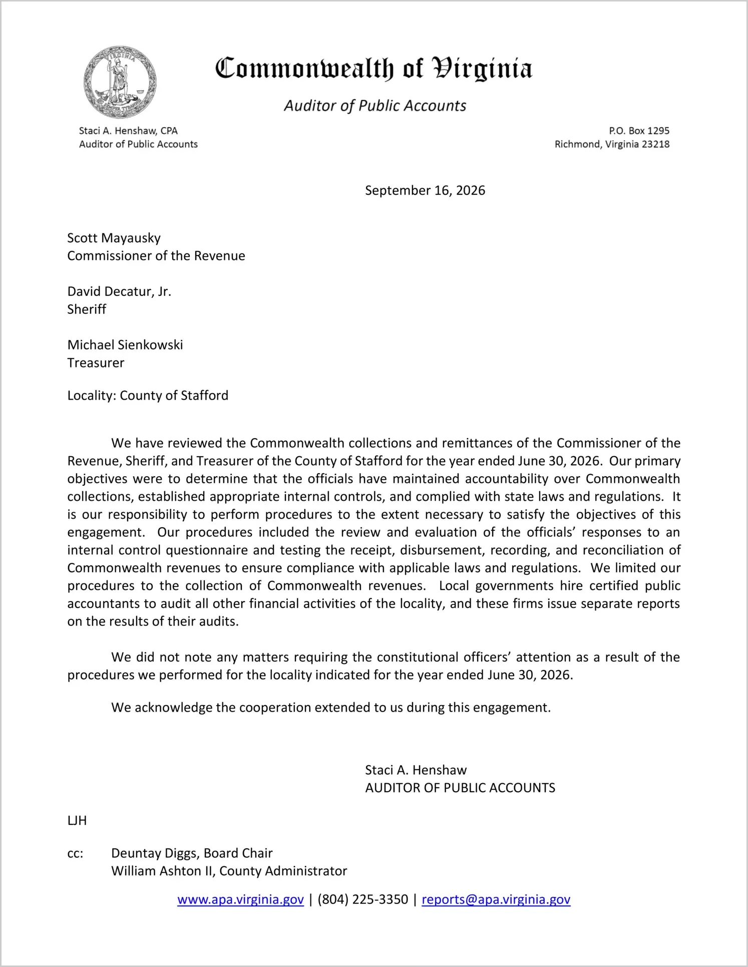 preview of Commonwealth Collections and Remittances of the Commissioner of the Revenue, Sheriff, and Treasurer for the County of Stafford for the year ended June 30, 2026