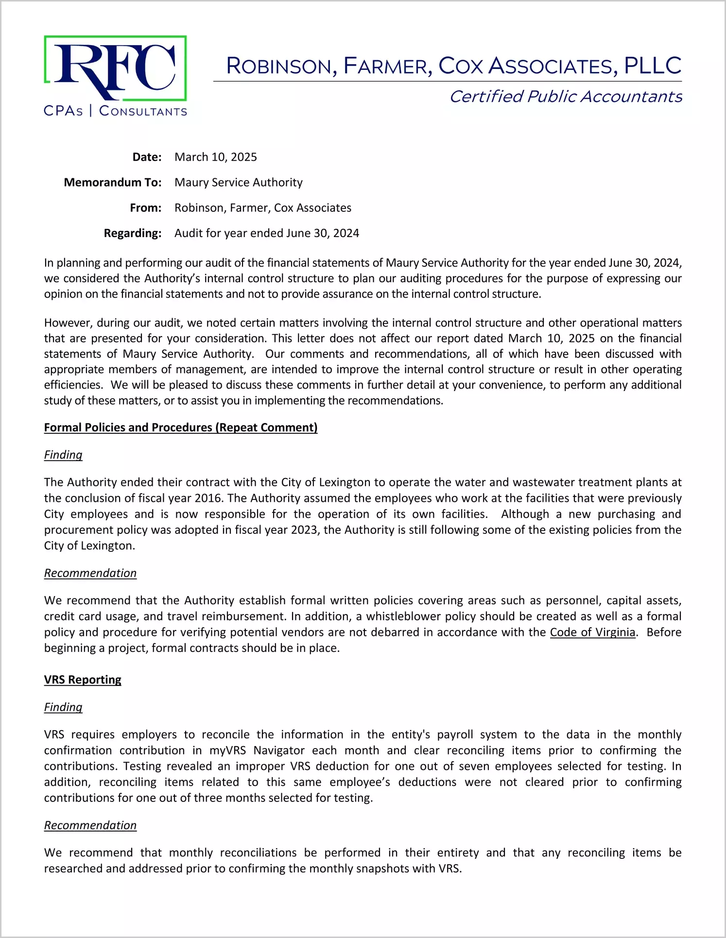 preview of 2024 ABC/Other Management Letter for Maury Service Authority
