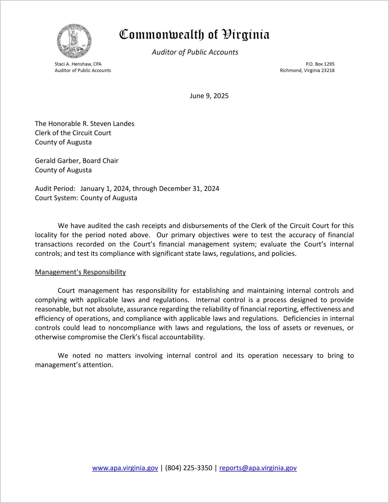 Clerk of the Circuit Court for the County of Augusta for the period January 1, 2024 through December 31, 2024