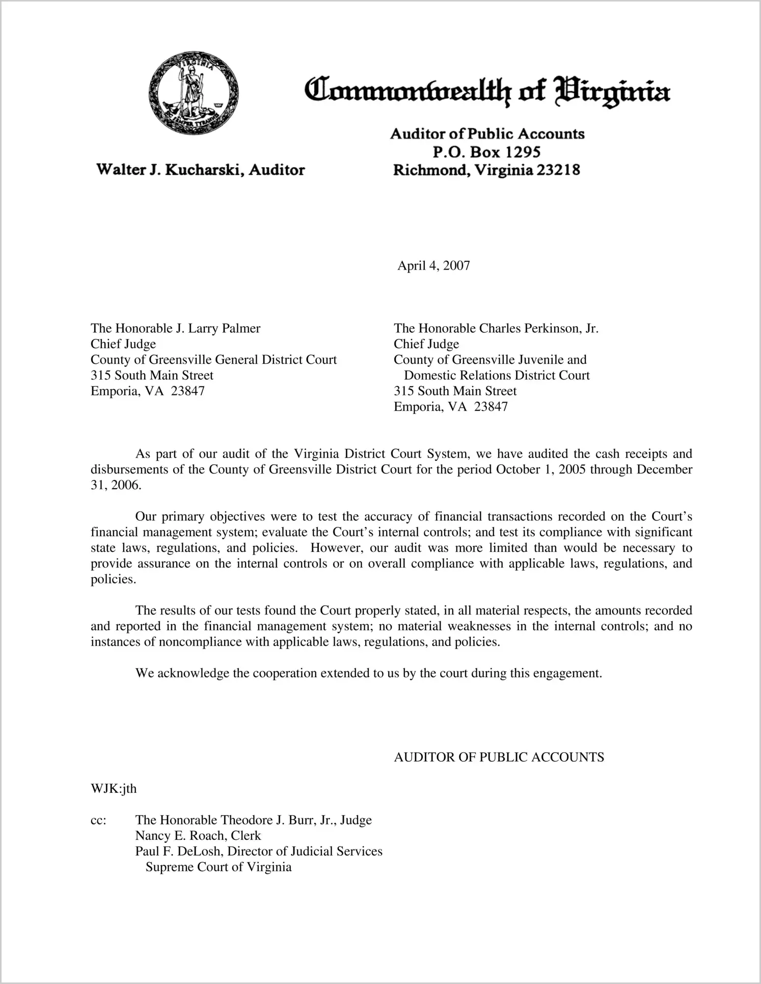 County of Greensville District Court for the period October 1, 2005 through December 31, 2006