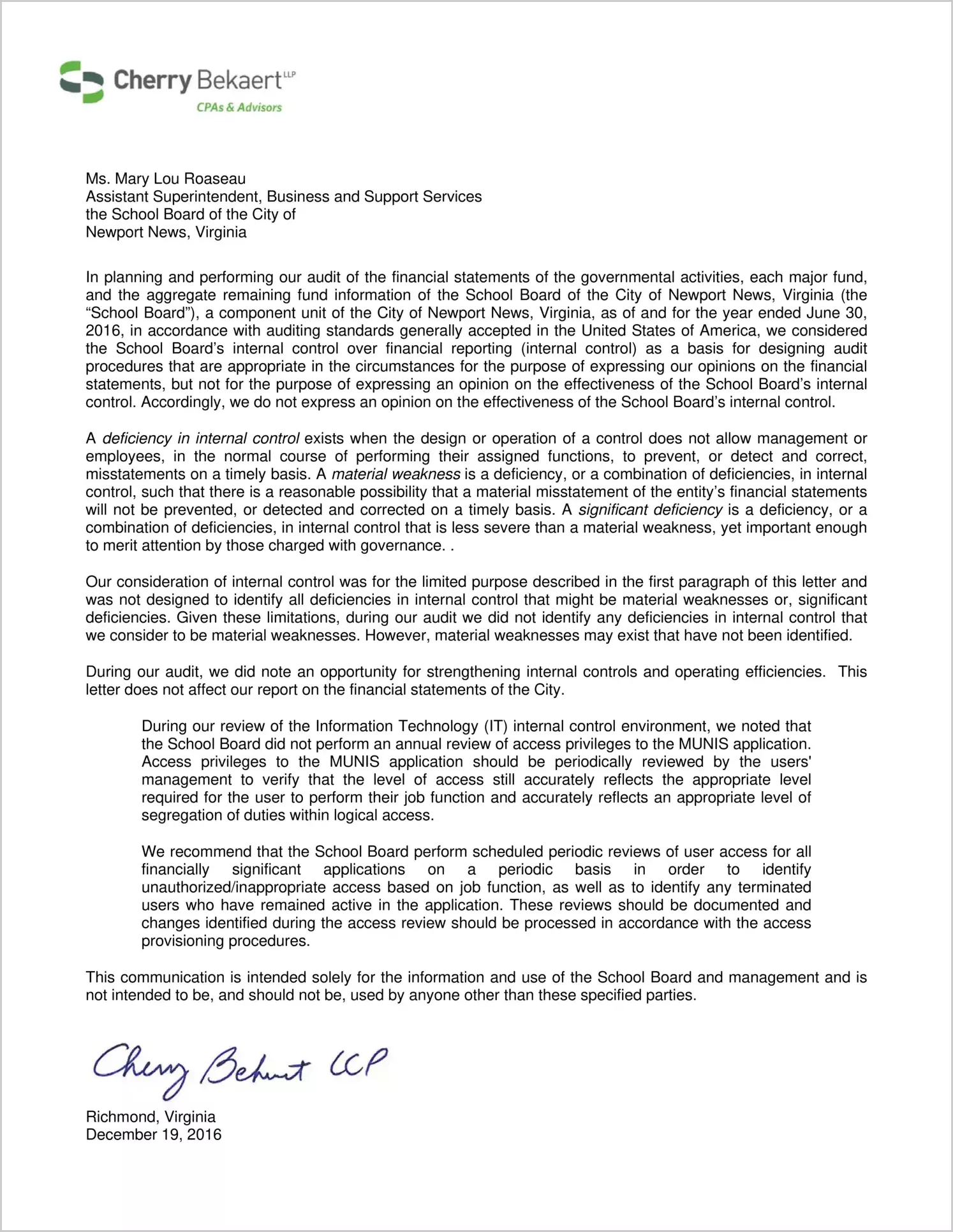 2016 Public Schools Management Letter for City of Newport News